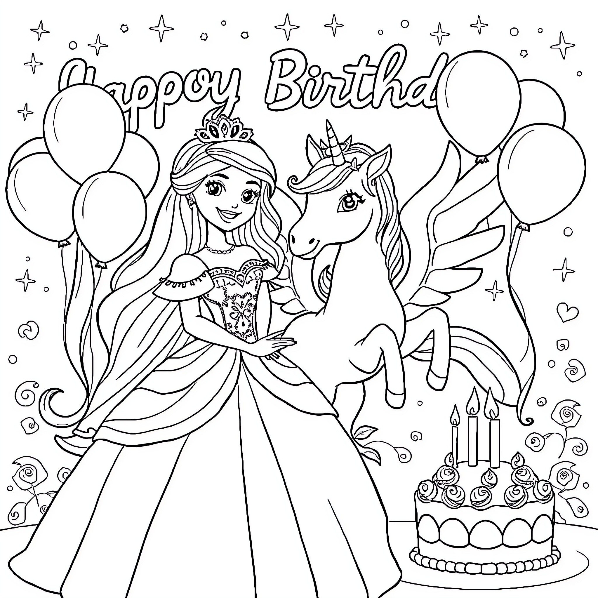 Princess celebrates happy birthday with unicorn and balloons Coloring Page (free black-and-white line drawing printable PDF for all, from beginners to advanced learners, including children, teens, adults, and seniors)