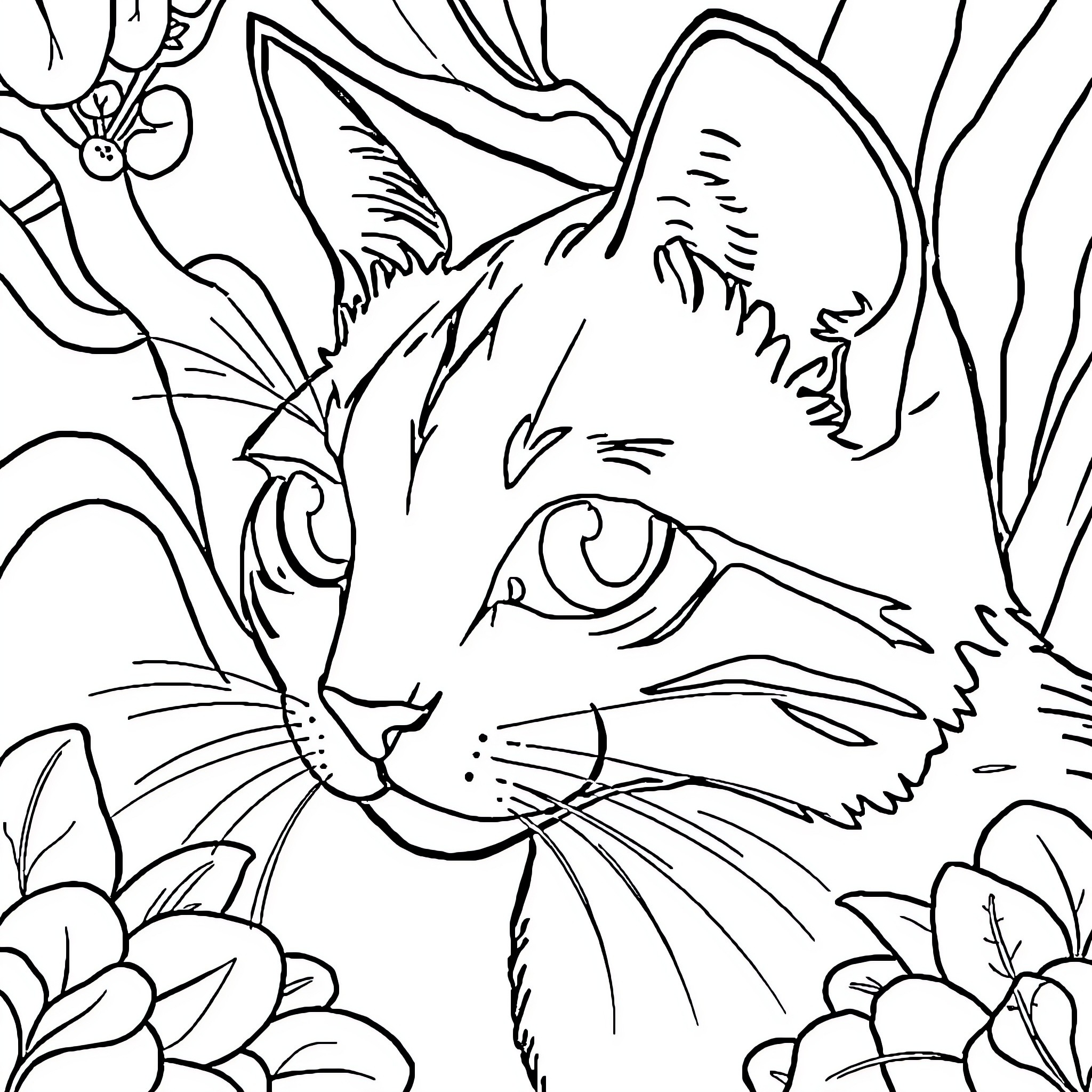 Simple Outline of Feline in Floral Scene Coloring Page (free black-and-white line drawing printable PDF for all, from beginners to advanced learners, including children, teens, adults, and seniors)