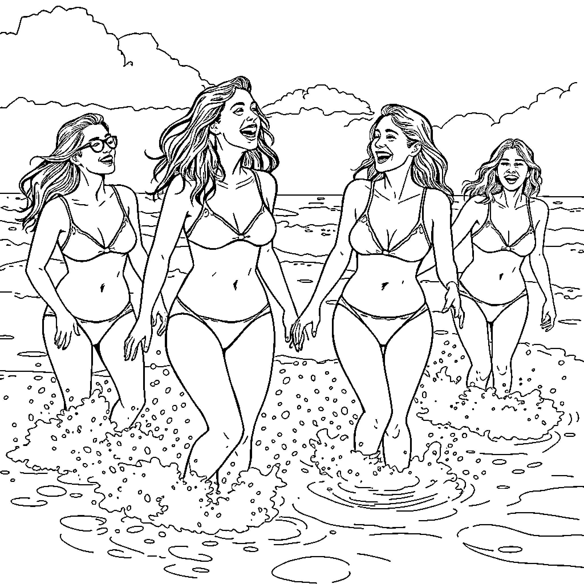 Woman enjoying summer beach day with friends Coloring Page (free black-and-white line drawing printable PDF for all, from beginners to advanced learners, including children, teens, adults, and seniors)