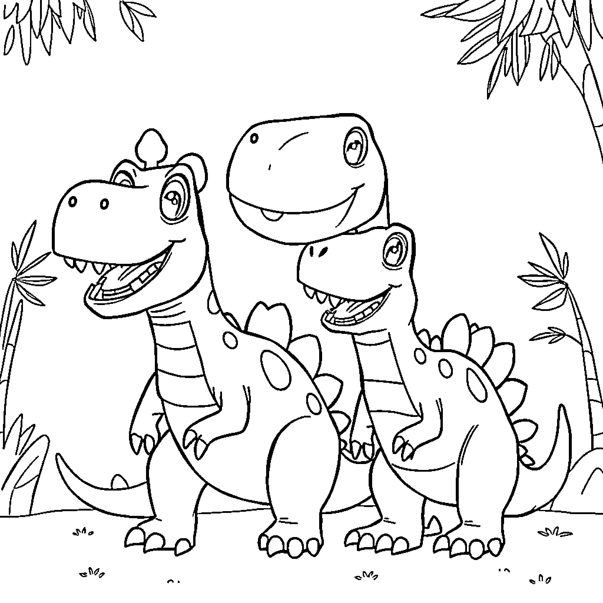 Bluey and Dinosaur Friends in Playful Exploration Coloring Page (free black-and-white line drawing printable PDF for all, from beginners to advanced learners, including children, teens, adults, and seniors)