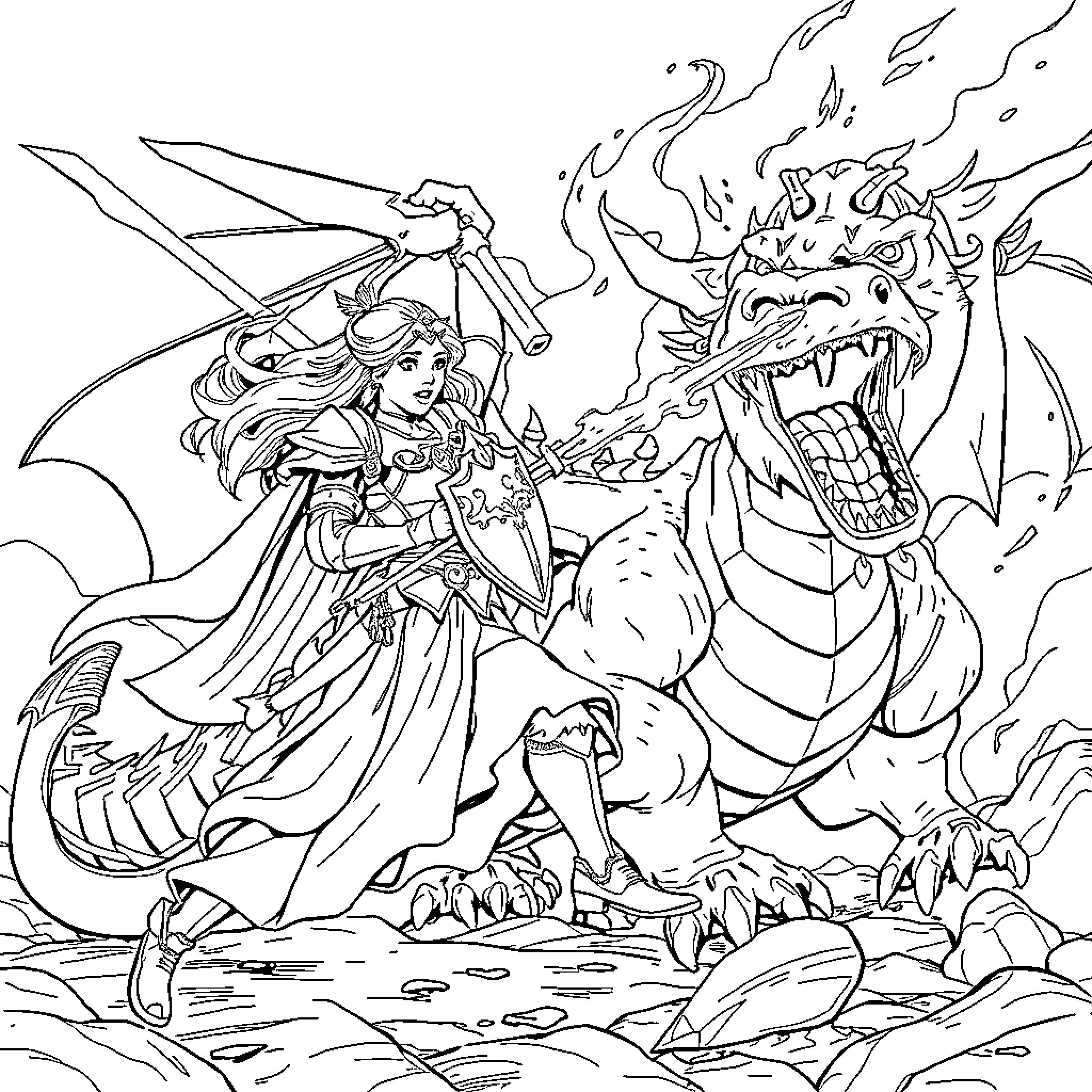 Princess Battles Fierce Mythical Dragon Coloring Page (free black-and-white line drawing printable PDF for all, from beginners to advanced learners, including children, teens, adults, and seniors)