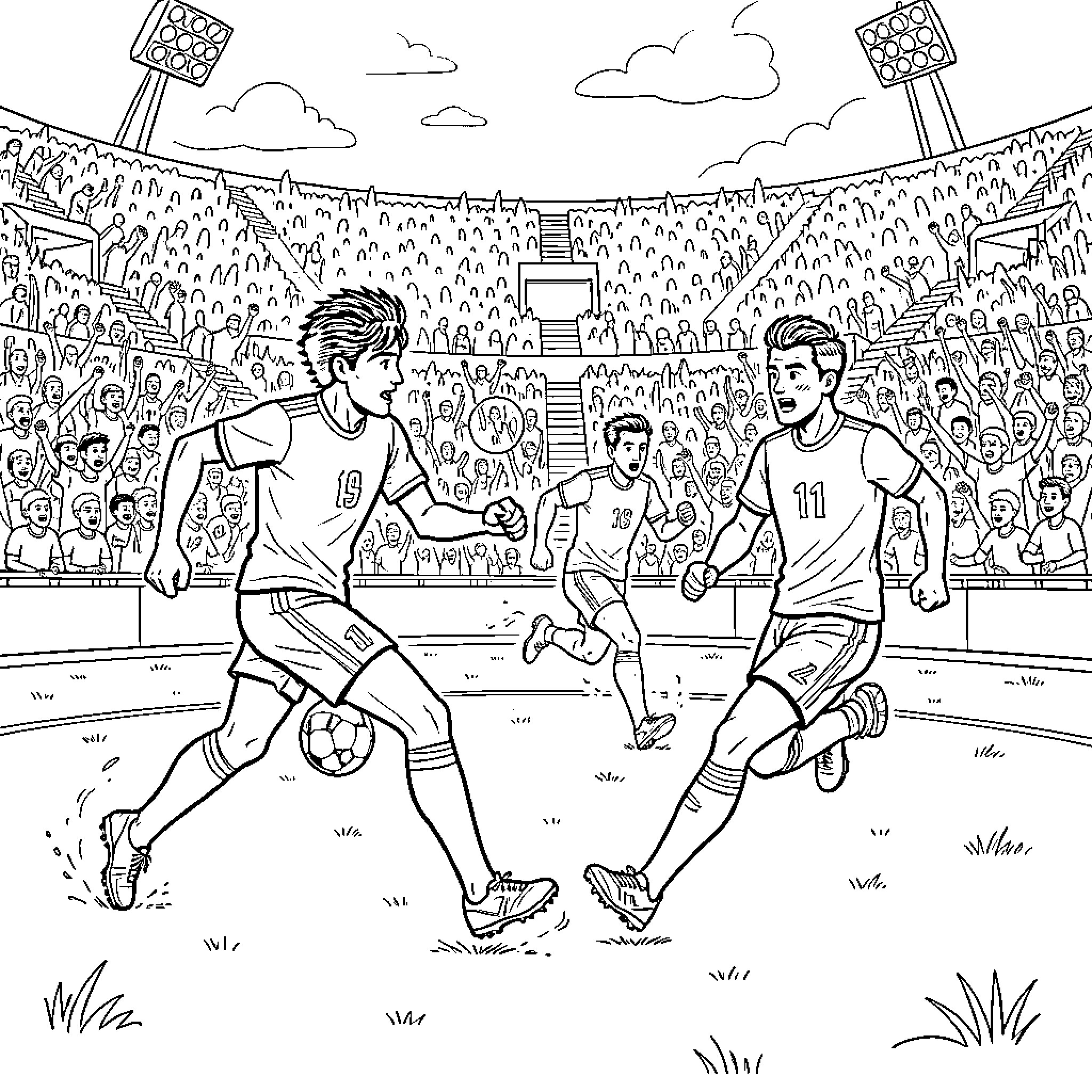 Football Player dribbling the ball during a match Coloring Page (free black-and-white line drawing printable PDF for all, from beginners to advanced learners, including children, teens, adults, and seniors)