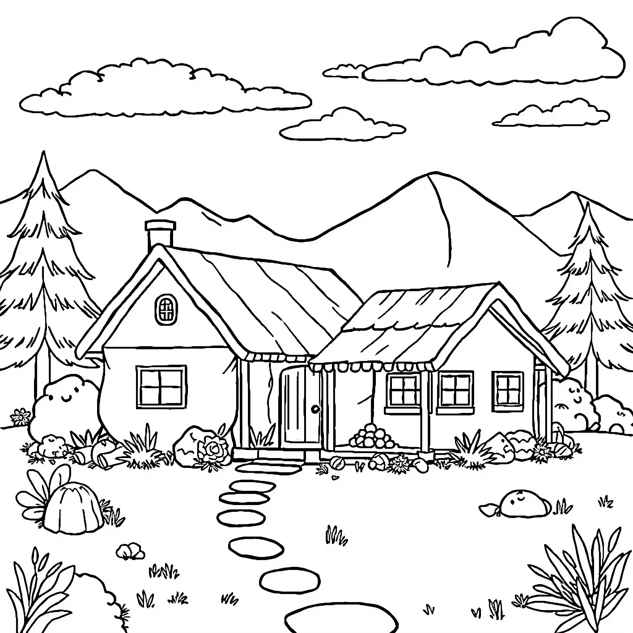 Country House in a Mountain Landscape Coloring Page (free black-and-white line drawing printable PDF for all, from beginners to advanced learners, including children, teens, adults, and seniors)