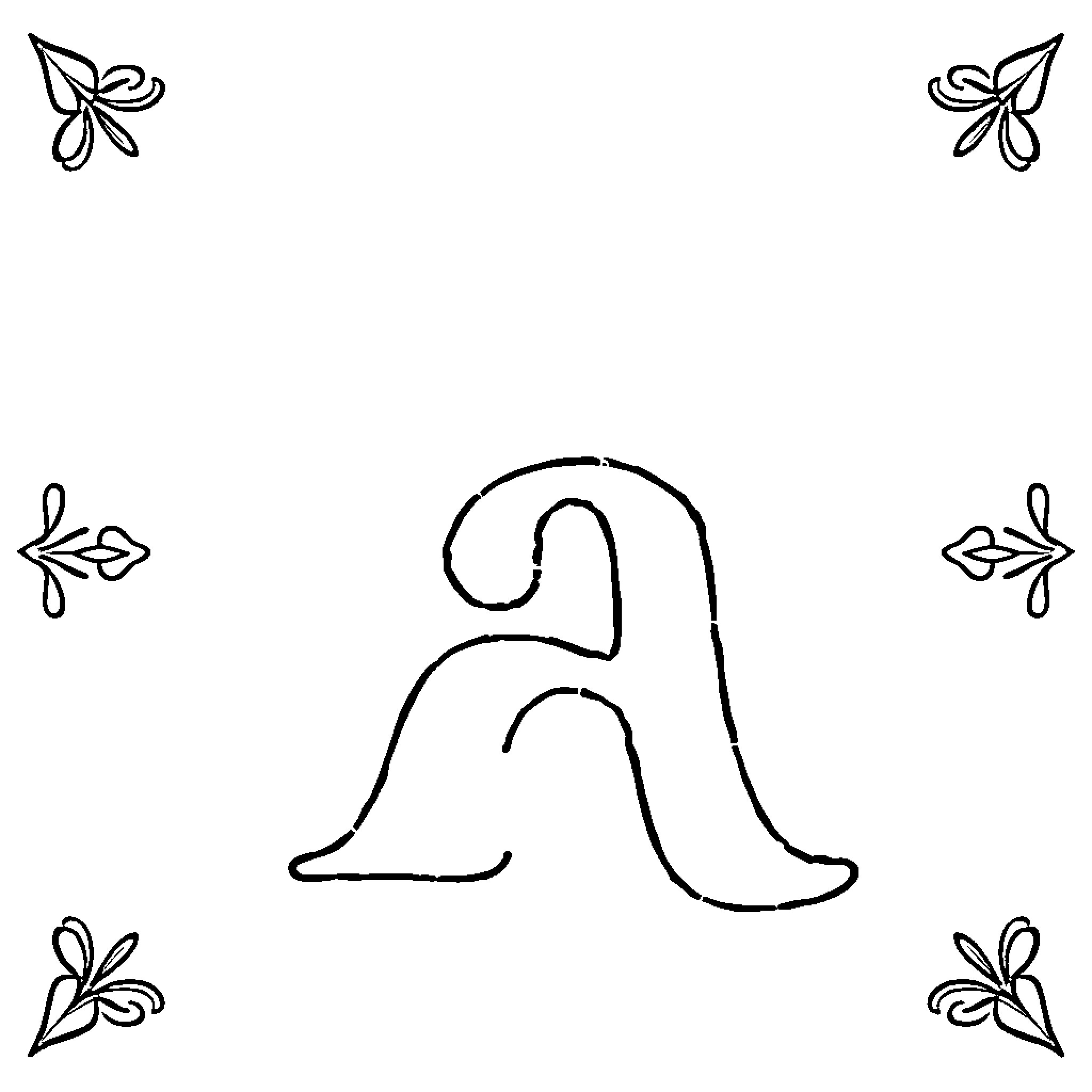 Letter A with floral ornamental borders Coloring Page (free black-and-white line drawing printable PDF for all, from beginners to advanced learners, including children, teens, adults, and seniors)