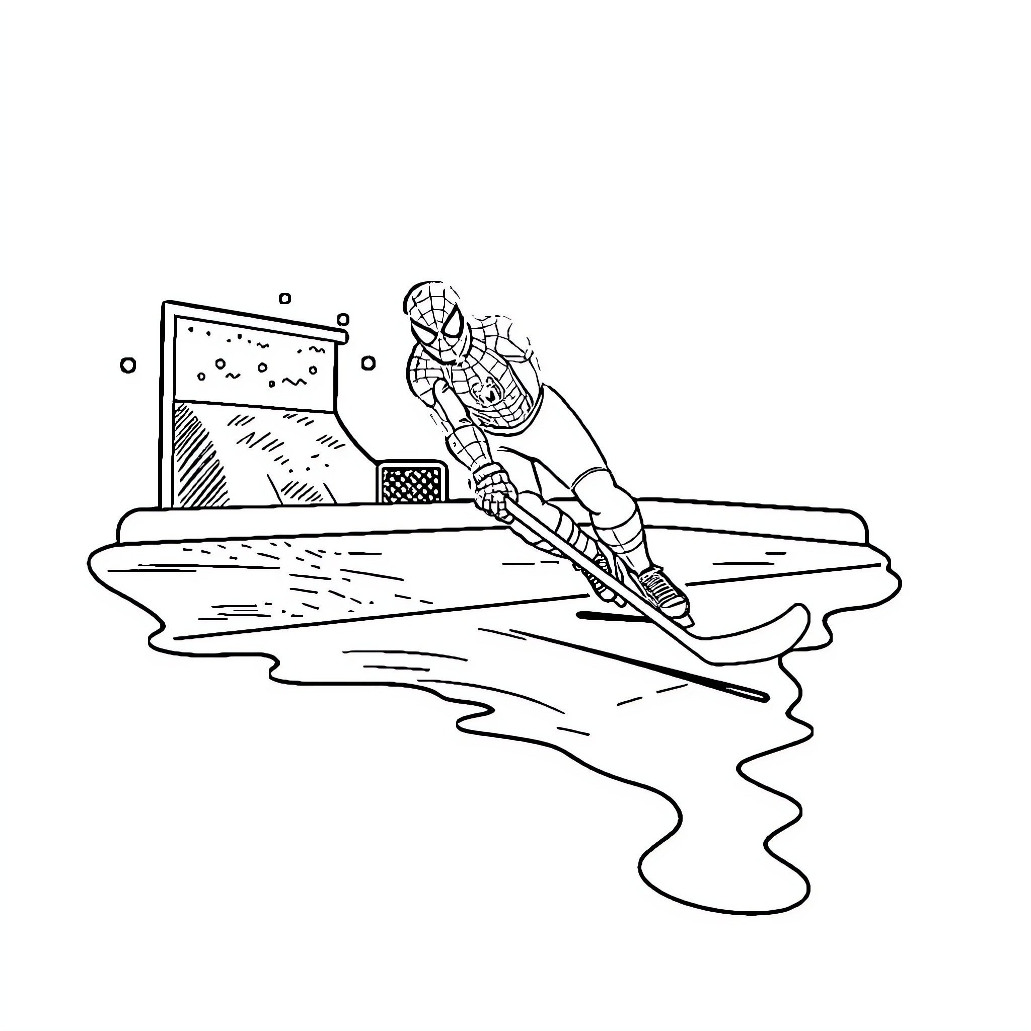 Spiderman swinging through the city in action Coloring Page (free black-and-white line drawing printable PDF for all, from beginners to advanced learners, including children, teens, adults, and seniors)