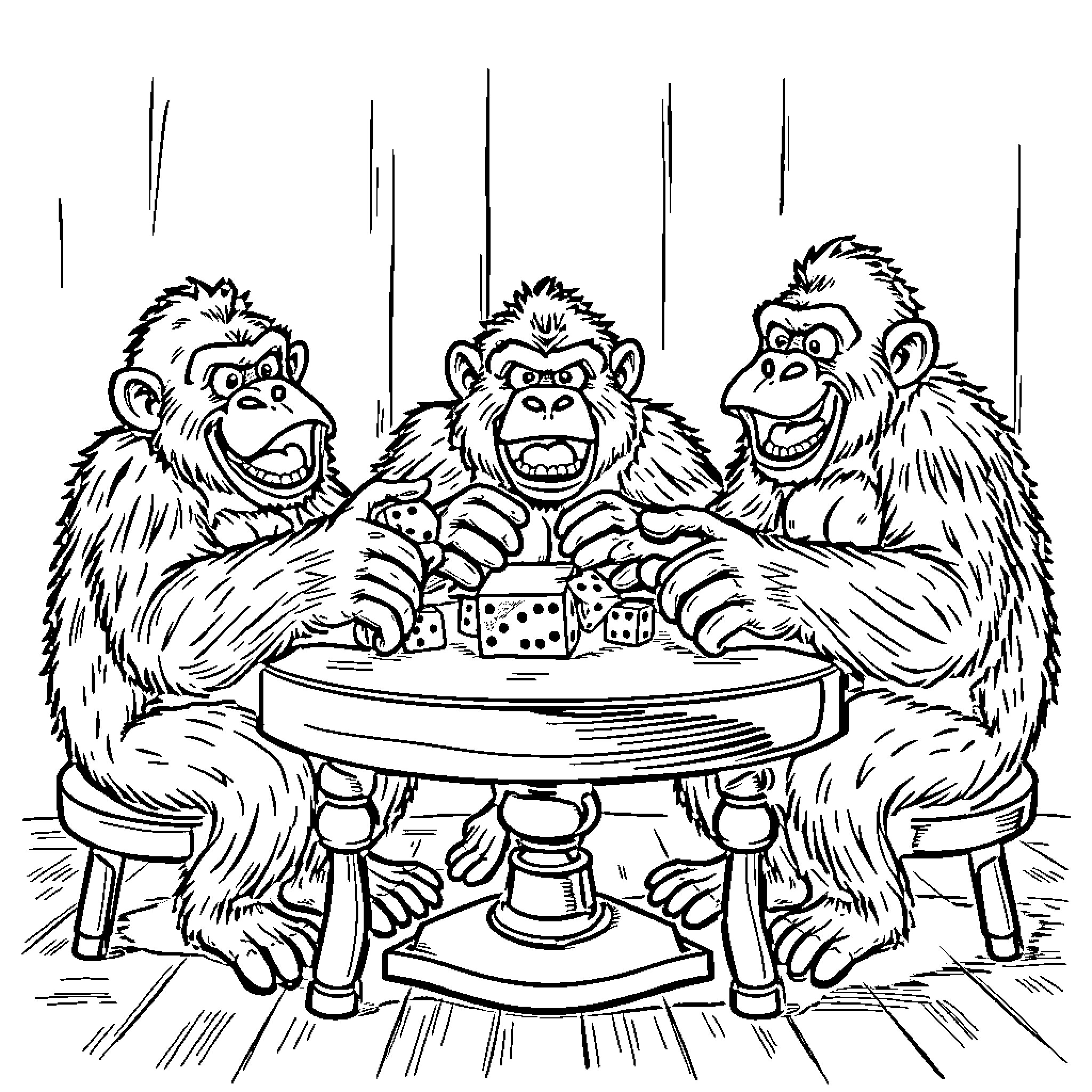 Gorillas playing cards and enjoying a social gathering Coloring Page (free black-and-white line drawing printable PDF for all, from beginners to advanced learners, including children, teens, adults, and seniors)