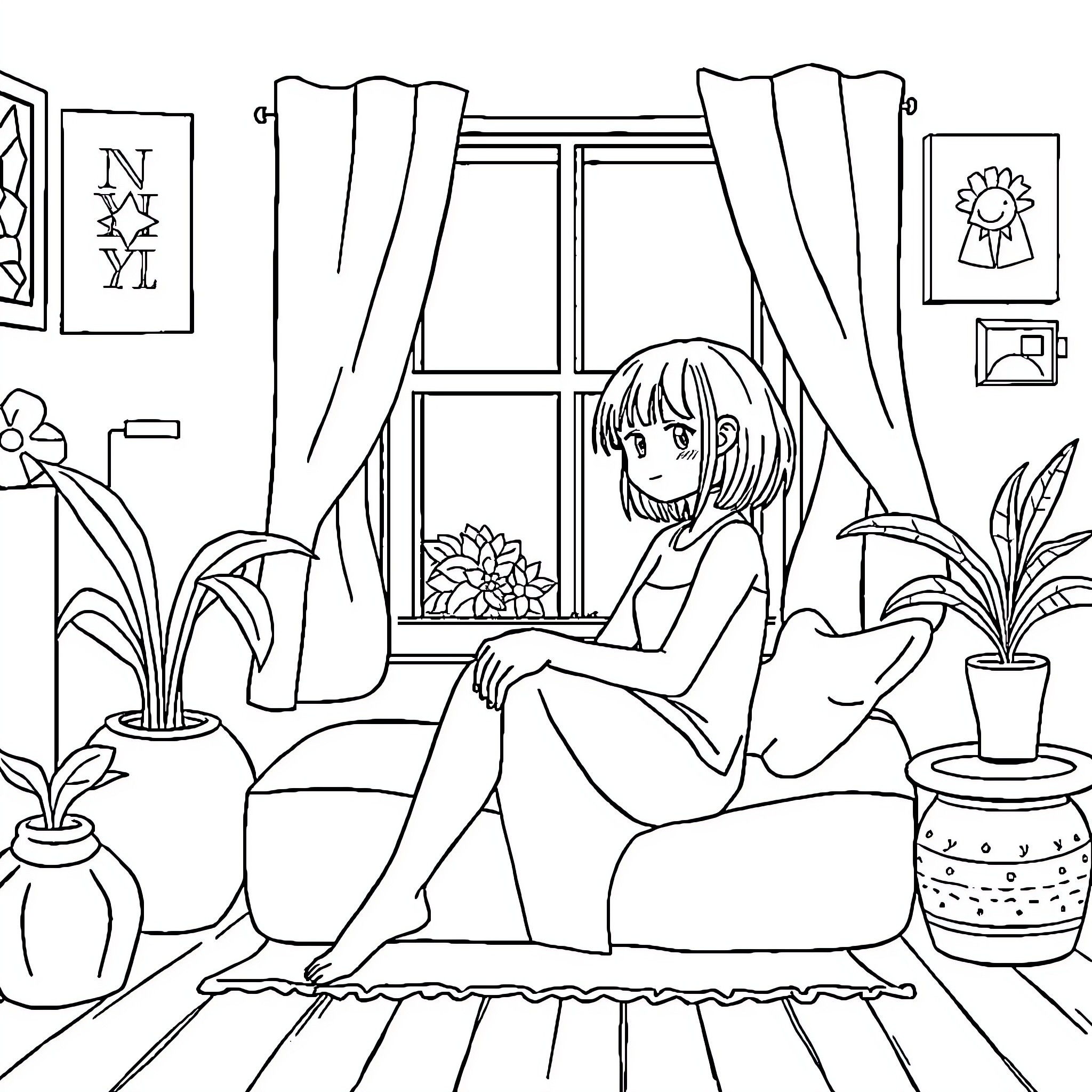 Namy Nue relaxing in a cozy room Coloring Page (free black-and-white line drawing printable PDF for all, from beginners to advanced learners, including children, teens, adults, and seniors)