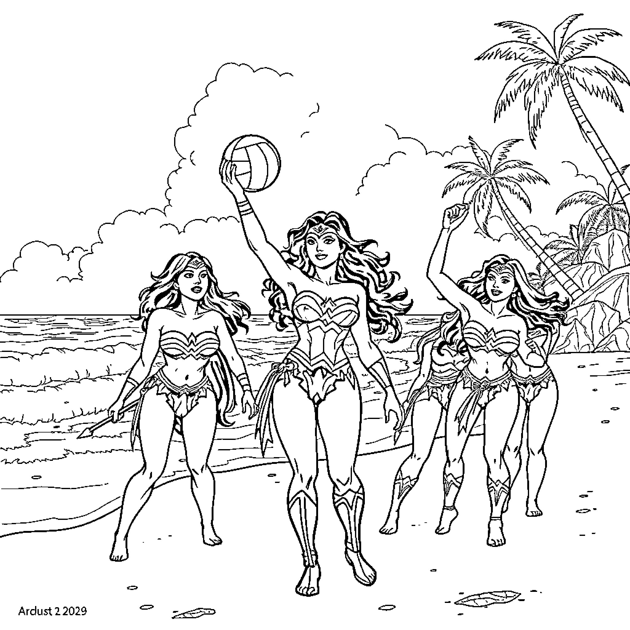 Wonder Woman and her allies on the beach Coloring Page (free black-and-white line drawing printable PDF for all, from beginners to advanced learners, including children, teens, adults, and seniors)