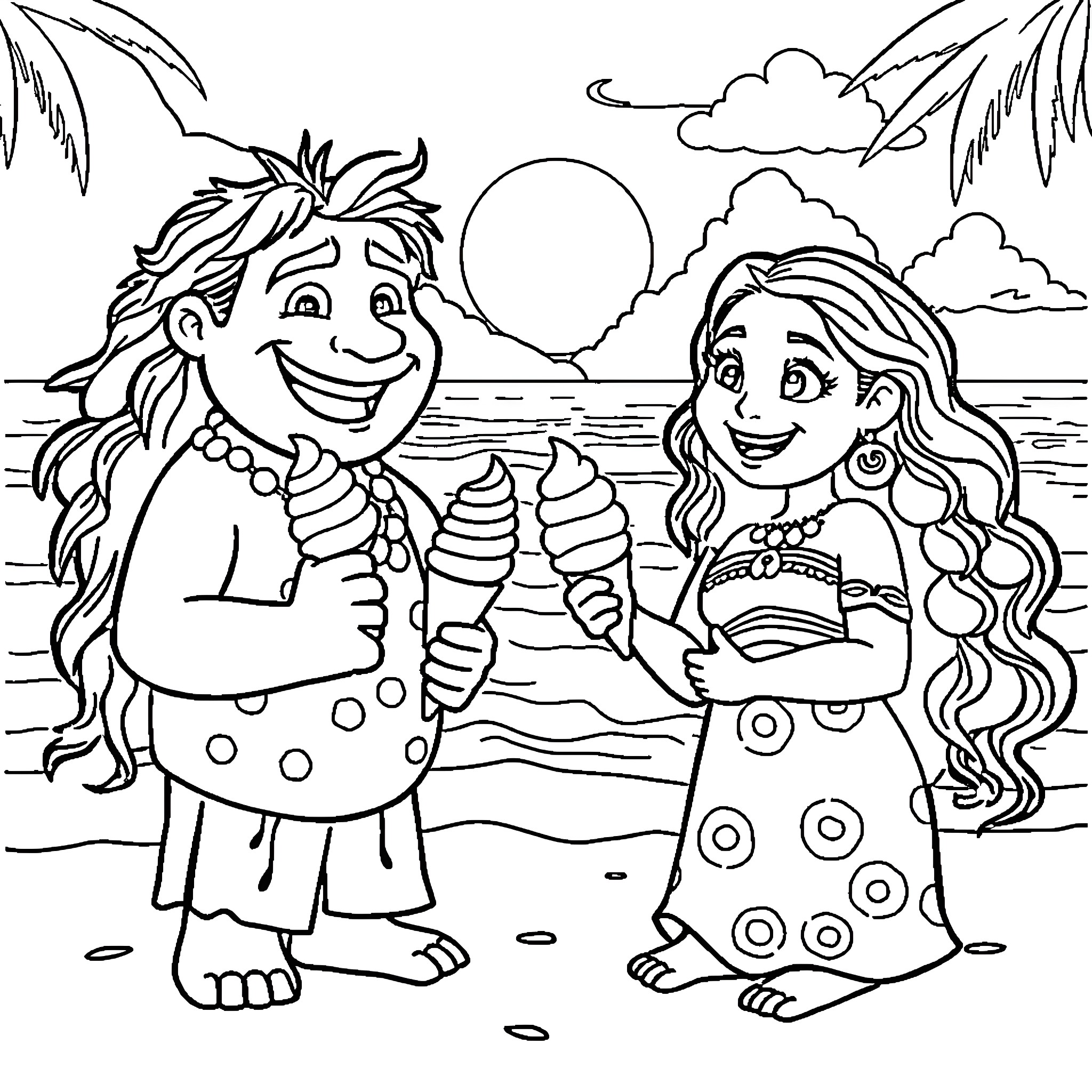Maui and friend enjoying the beach Coloring Page (free black-and-white line drawing printable PDF for all, from beginners to advanced learners, including children, teens, adults, and seniors)