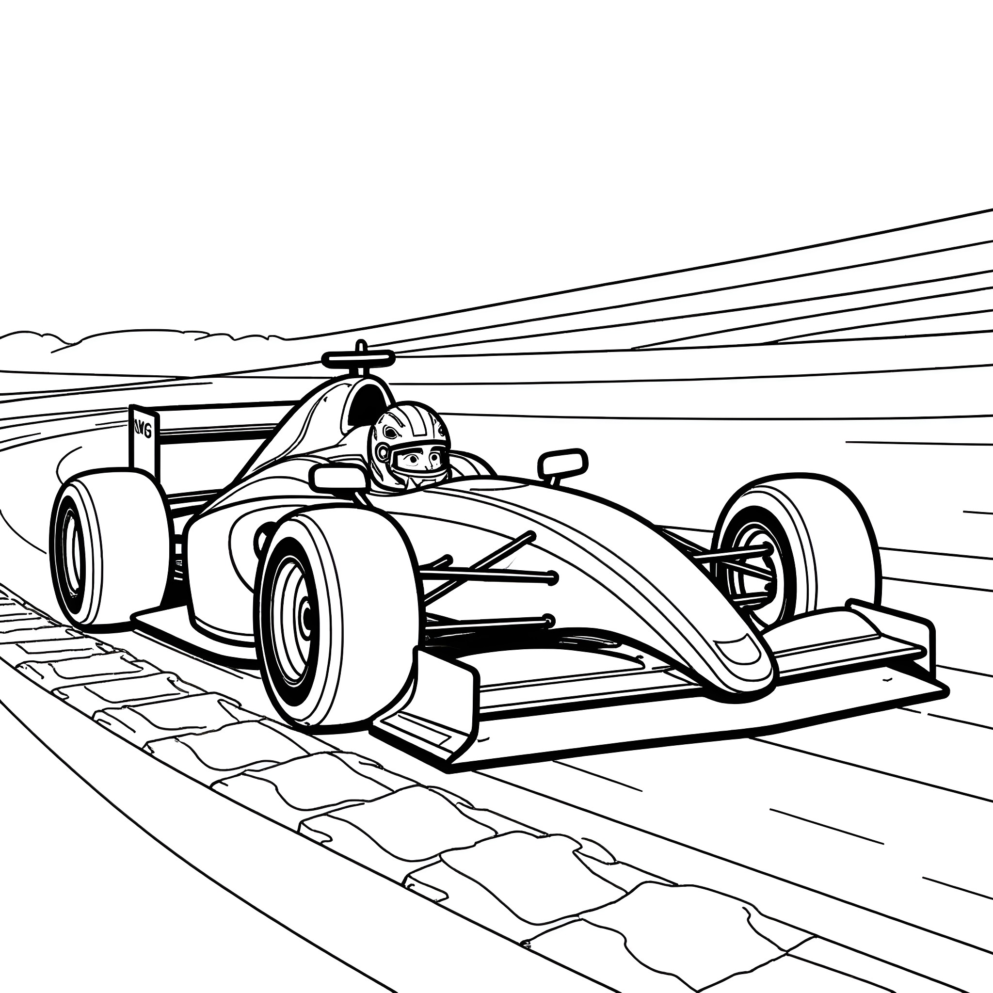 Messi in high-speed Formula 1 racing car on track Coloring Page (free black-and-white line drawing printable PDF for all, from beginners to advanced learners, including children, teens, adults, and seniors)