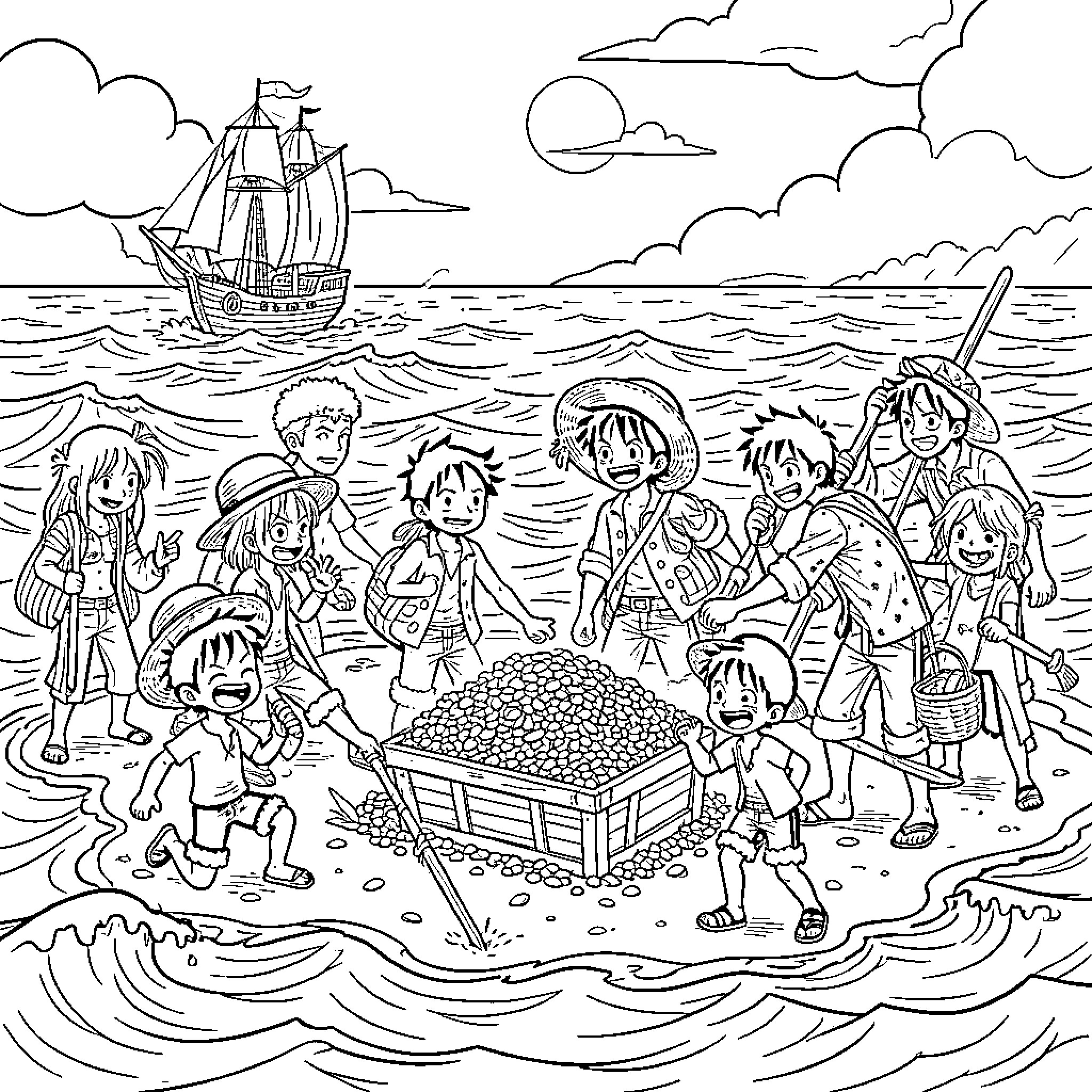Luffy and his friends gathering treasures on a beach Coloring Page (free black-and-white line drawing printable PDF for all, from beginners to advanced learners, including children, teens, adults, and seniors)