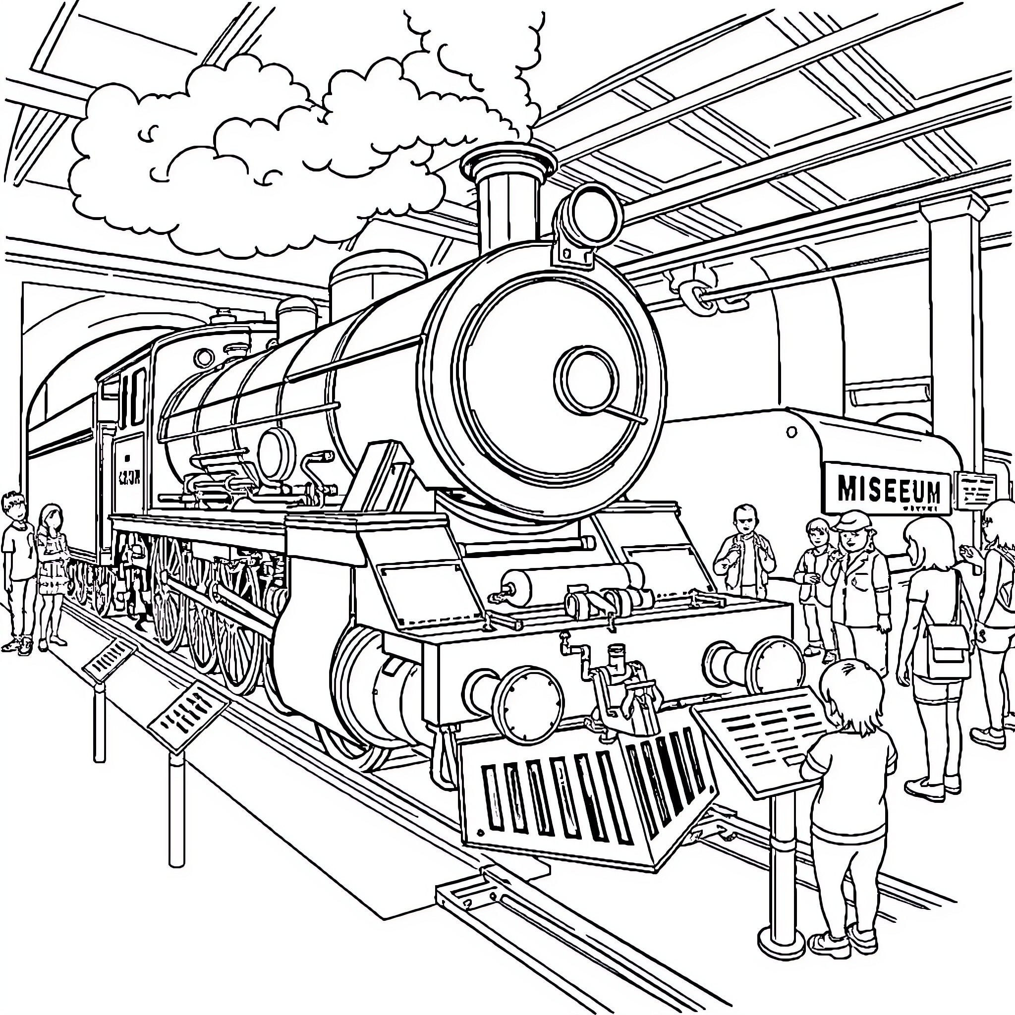 Locomotive on display at museum with visitors Coloring Page (free black-and-white line drawing printable PDF for all, from beginners to advanced learners, including children, teens, adults, and seniors)
