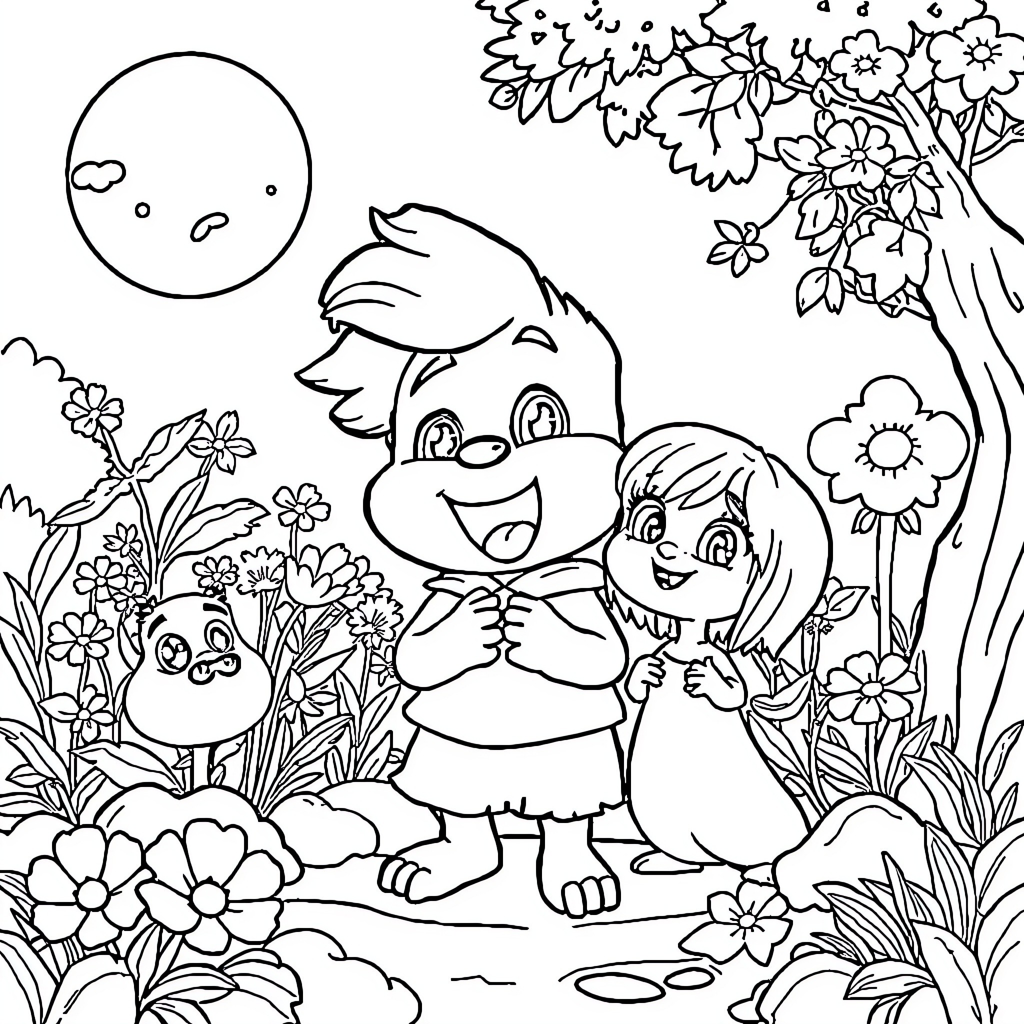 Animation of Cheerful Cartoon Characters in Floral Garden Coloring Page (free black-and-white line drawing printable PDF for all, from beginners to advanced learners, including children, teens, adults, and seniors)