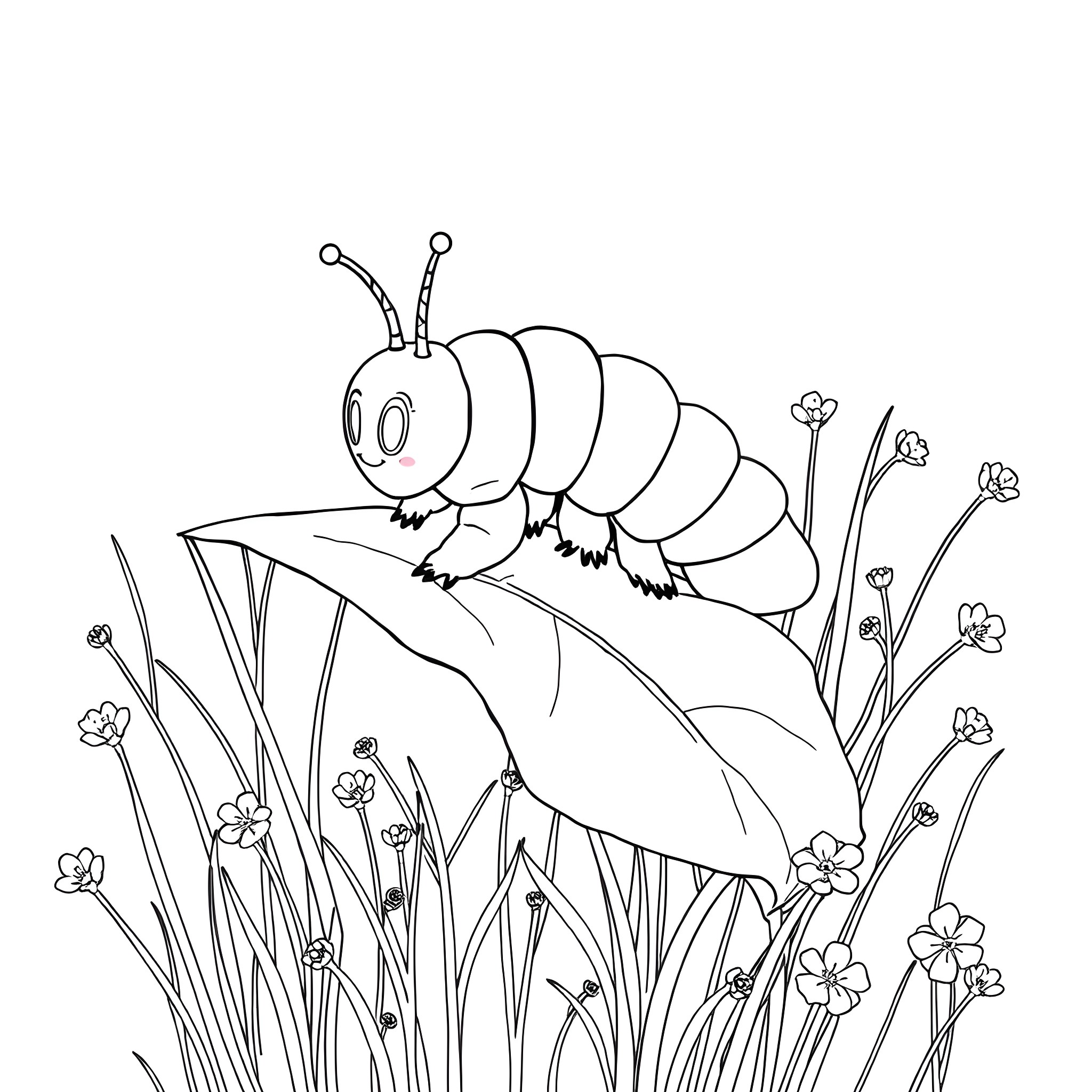 Caterpillar exploring the floral landscape Coloring Page (free black-and-white line drawing printable PDF for all, from beginners to advanced learners, including children, teens, adults, and seniors)