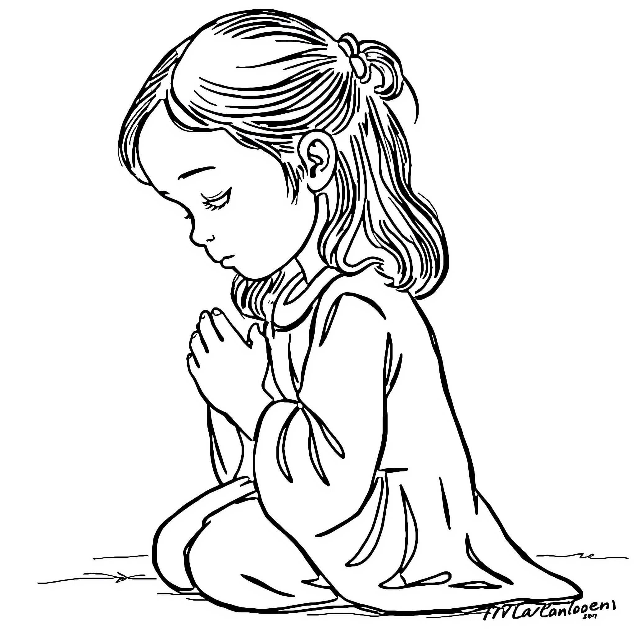 Girl in prayer with head bowed Coloring Page (free black-and-white line drawing printable PDF for all, from beginners to advanced learners, including children, teens, adults, and seniors)