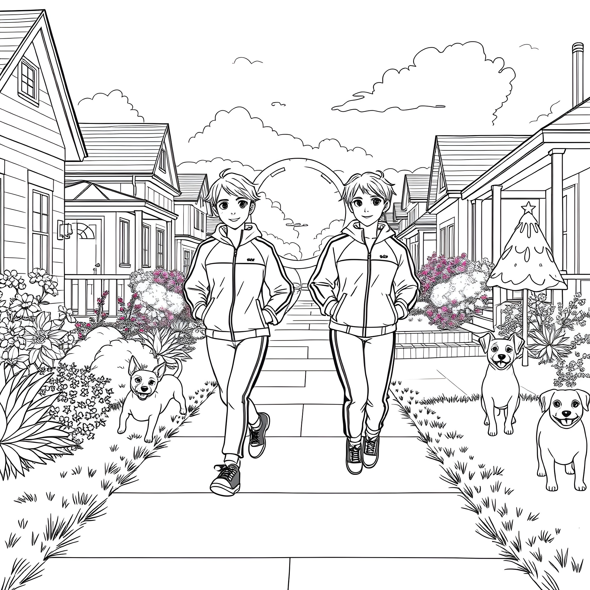 Pre-teen girls walking their dogs in a neighborhood Coloring Page (free black-and-white line drawing printable PDF for all, from beginners to advanced learners, including children, teens, adults, and seniors)