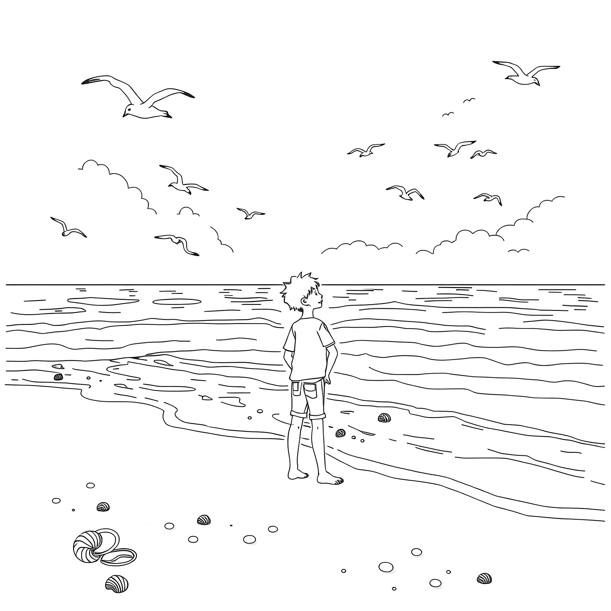 Teen exploring the peaceful beach and ocean Coloring Page (free black-and-white line drawing printable PDF for all, from beginners to advanced learners, including children, teens, adults, and seniors)