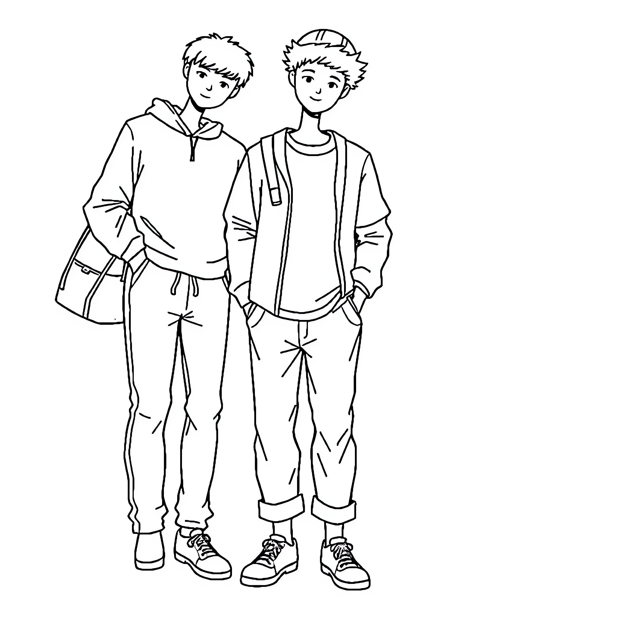 Vêtement deux jeunes hommes debout ensemble Coloring Page (free black-and-white line drawing printable PDF for all, from beginners to advanced learners, including children, teens, adults, and seniors)