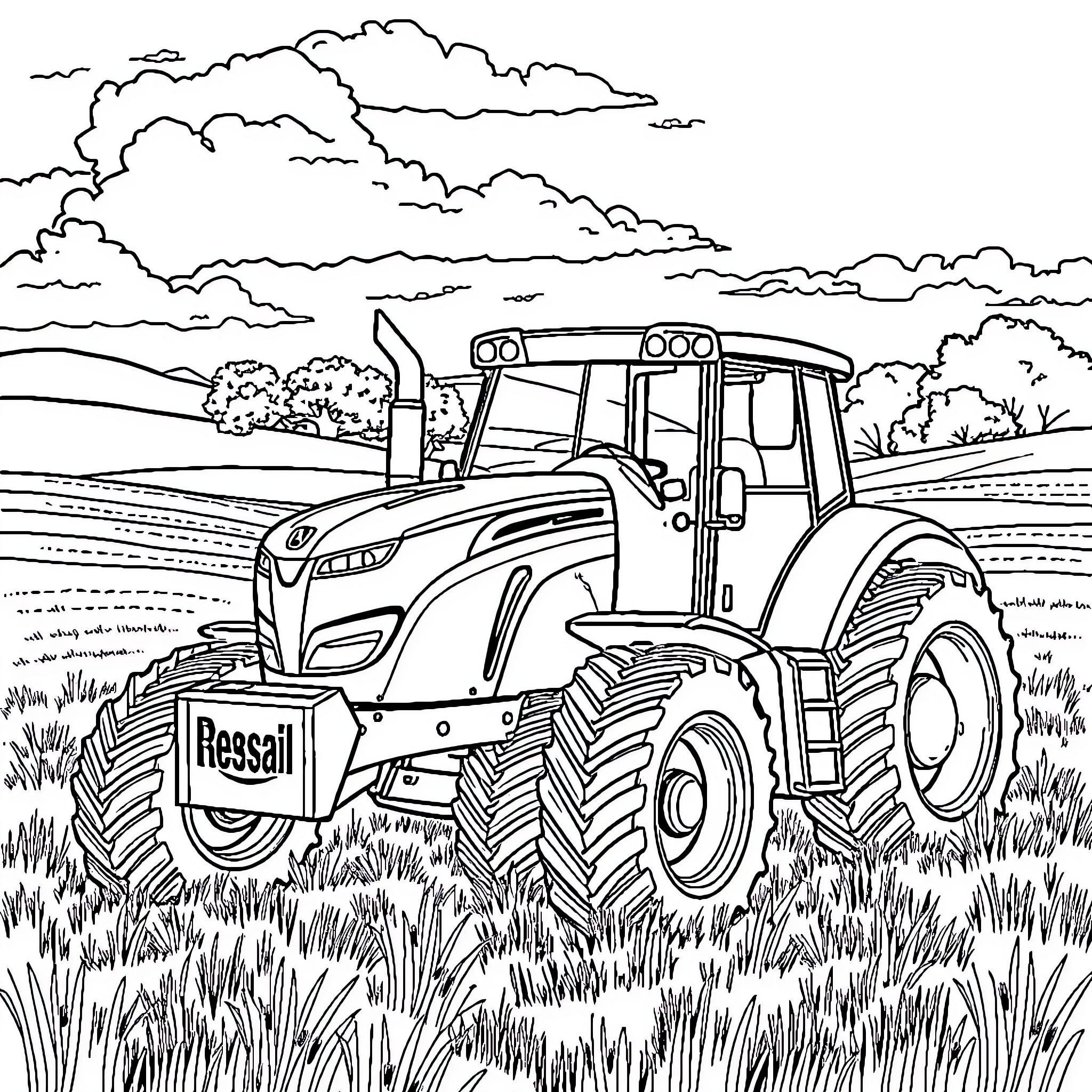 Tractor working in the field under cloudy sky Coloring Page (free black-and-white line drawing printable PDF for all, from beginners to advanced learners, including children, teens, adults, and seniors)