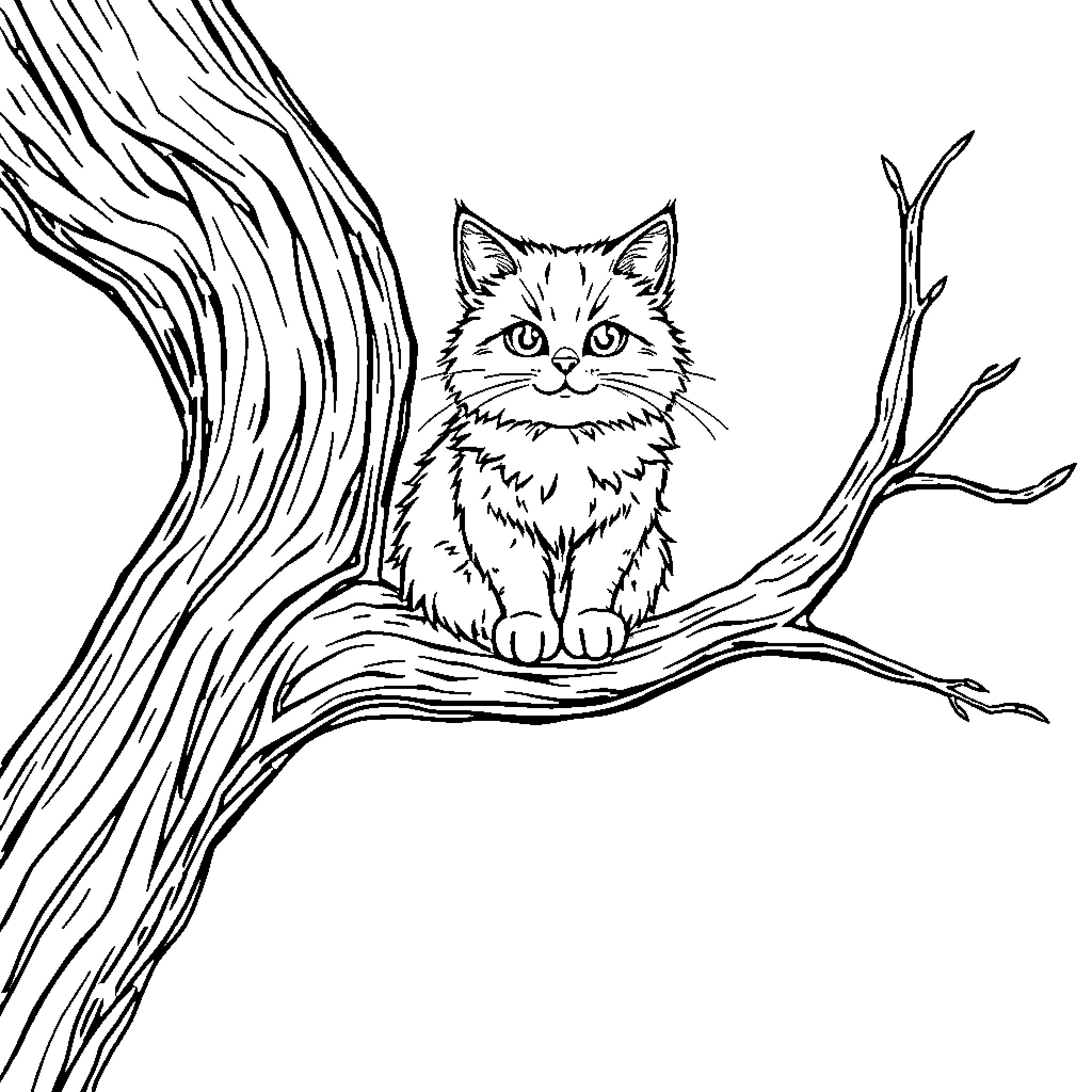 Cat sitting calmly on tree branch Coloring Page (free black-and-white line drawing printable PDF for all, from beginners to advanced learners, including children, teens, adults, and seniors)