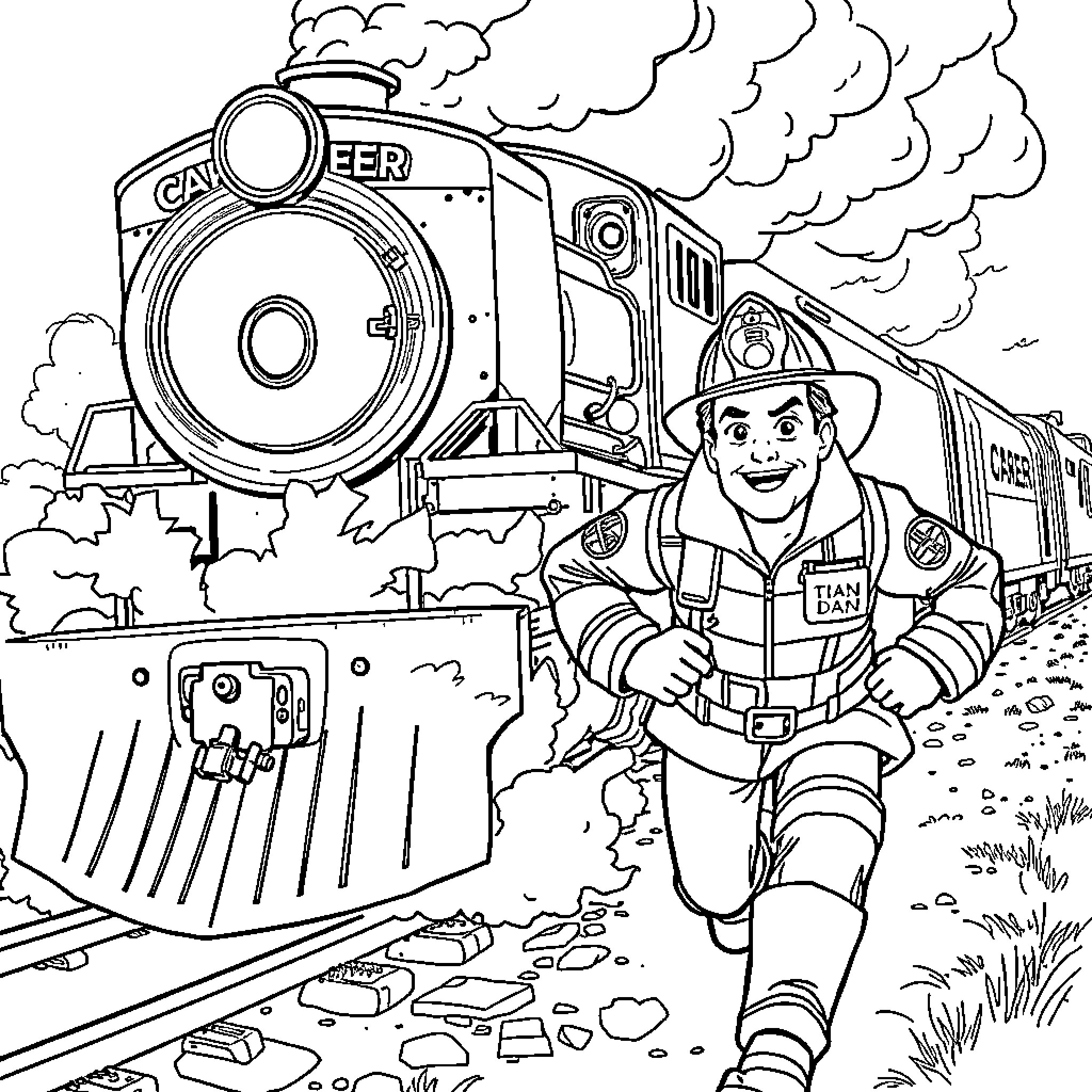 Train Conductor Assisting with Locomotive Maintenance Coloring Page (free black-and-white line drawing printable PDF for all, from beginners to advanced learners, including children, teens, adults, and seniors)