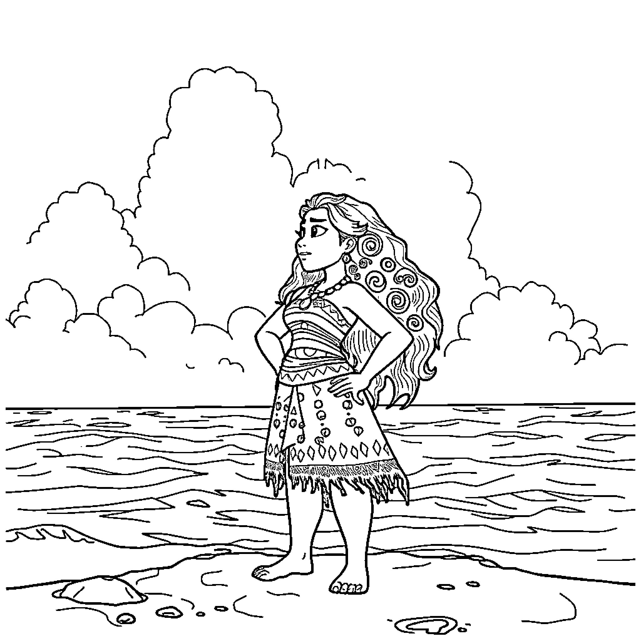 Moana exploring the ocean's wonders Coloring Page (free black-and-white line drawing printable PDF for all, from beginners to advanced learners, including children, teens, adults, and seniors)