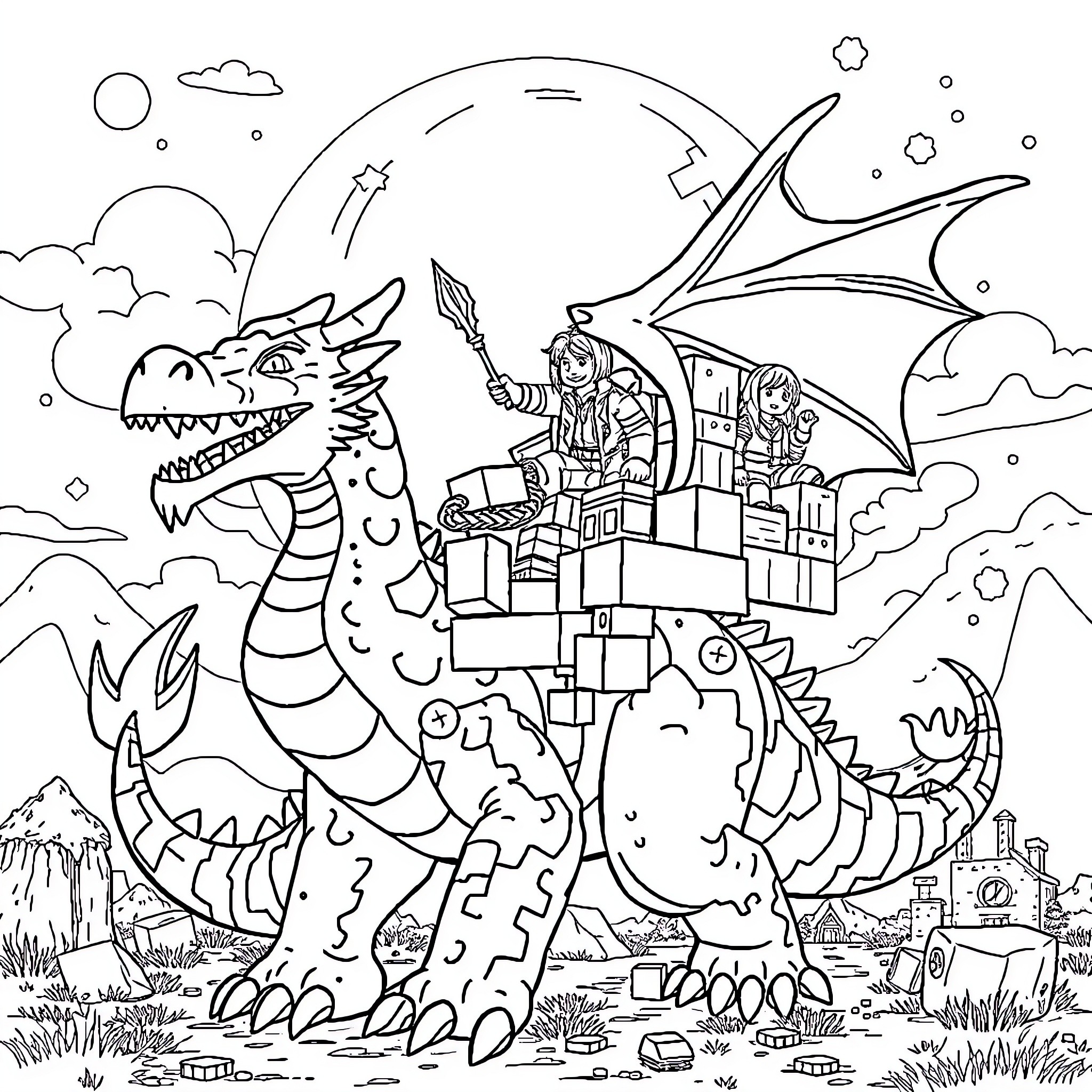 Ender Dragon battling against armed adventurers in a fantasy landscape Coloring Page (free black-and-white line drawing printable PDF for all, from beginners to advanced learners, including children, teens, adults, and seniors)
