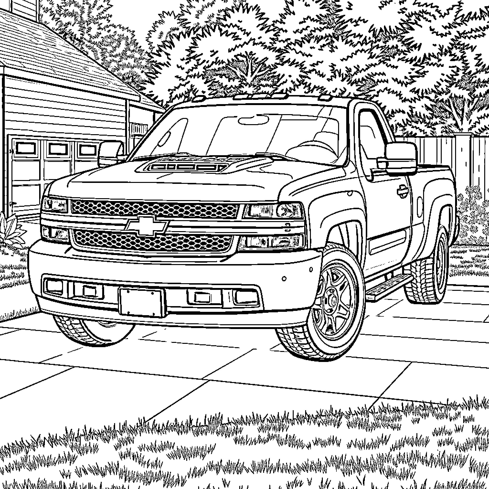 Truck parked in the yard with trees Coloring Page (free black-and-white line drawing printable PDF for all, from beginners to advanced learners, including children, teens, adults, and seniors)