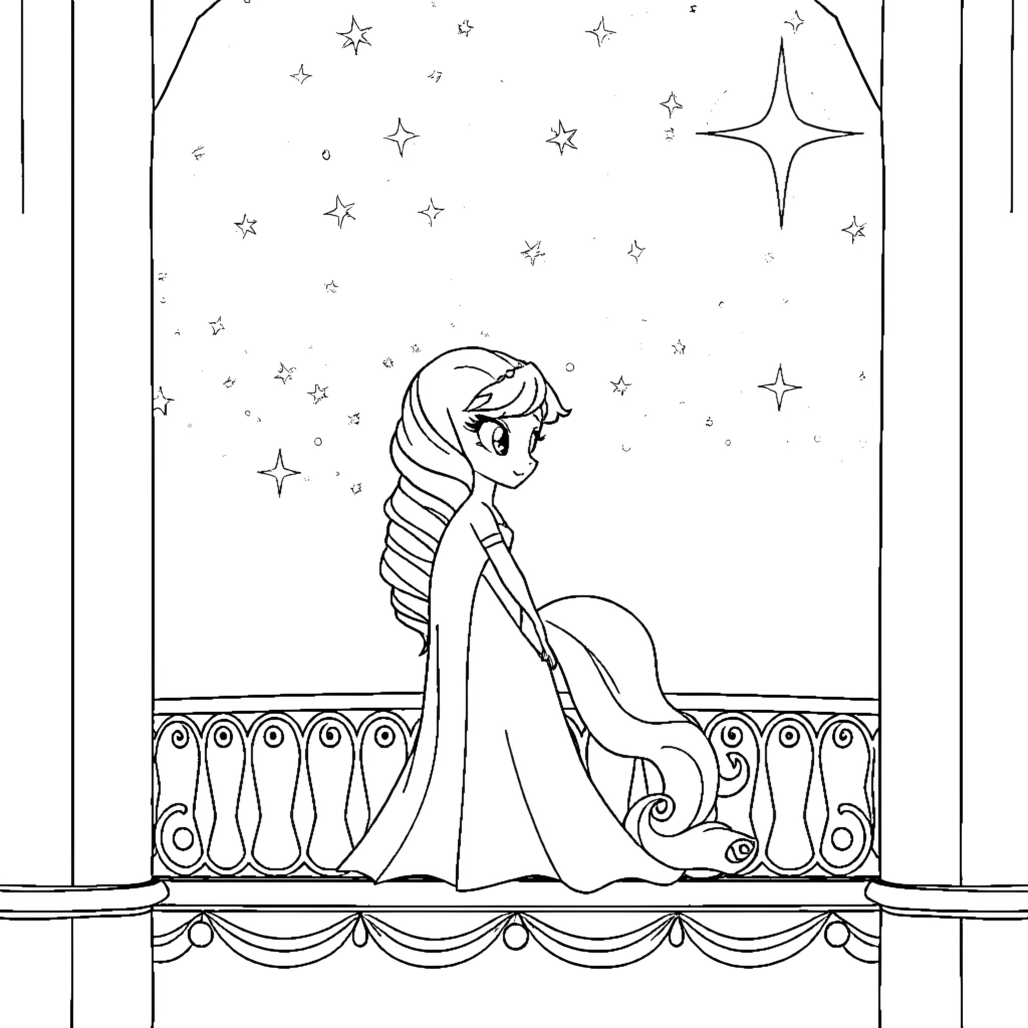 Princess Luna Gazing at the Starry Sky Coloring Page (free black-and-white line drawing printable PDF for all, from beginners to advanced learners, including children, teens, adults, and seniors)