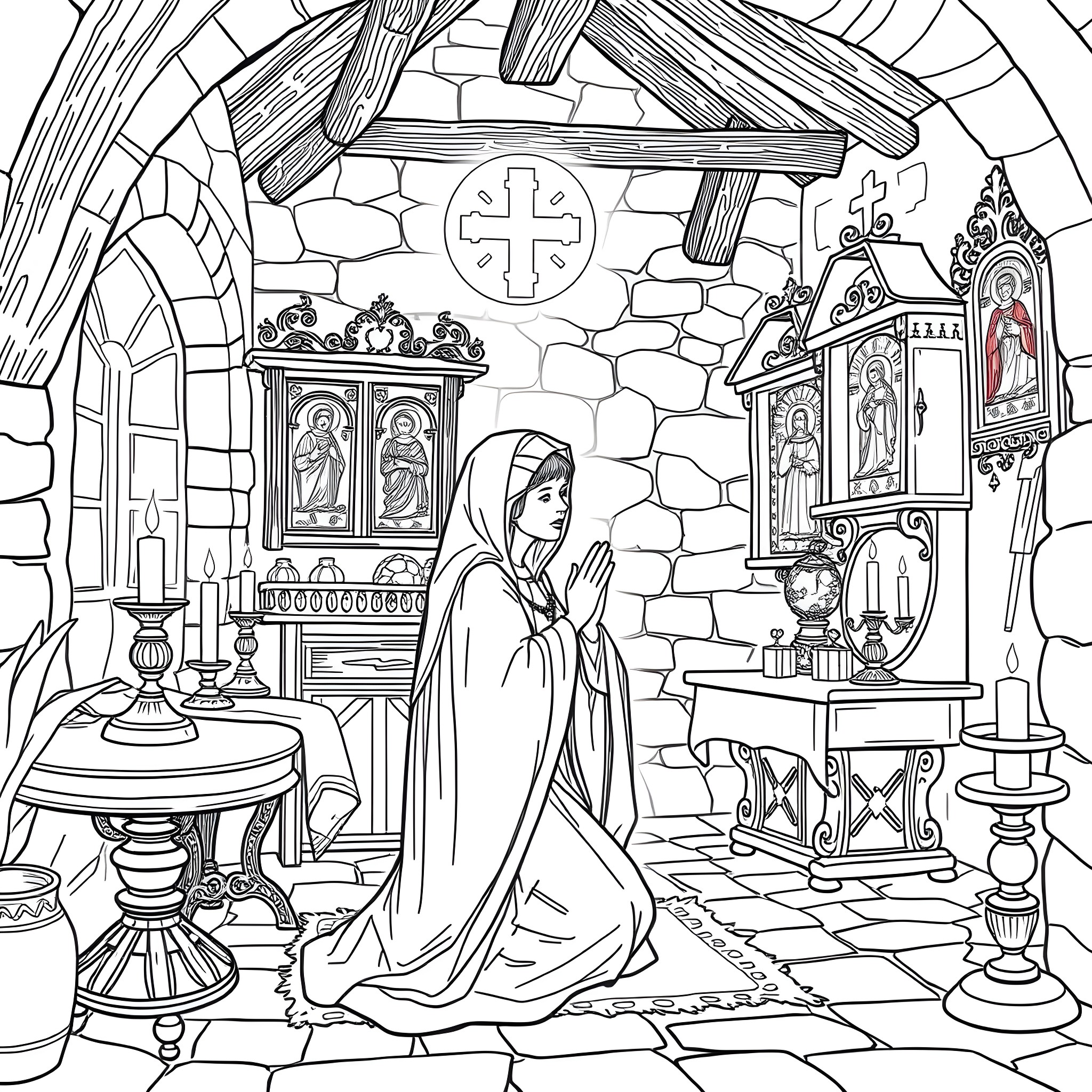 Saint Lucy Praying in a Church Interior Coloring Page (free black-and-white line drawing printable PDF for all, from beginners to advanced learners, including children, teens, adults, and seniors)