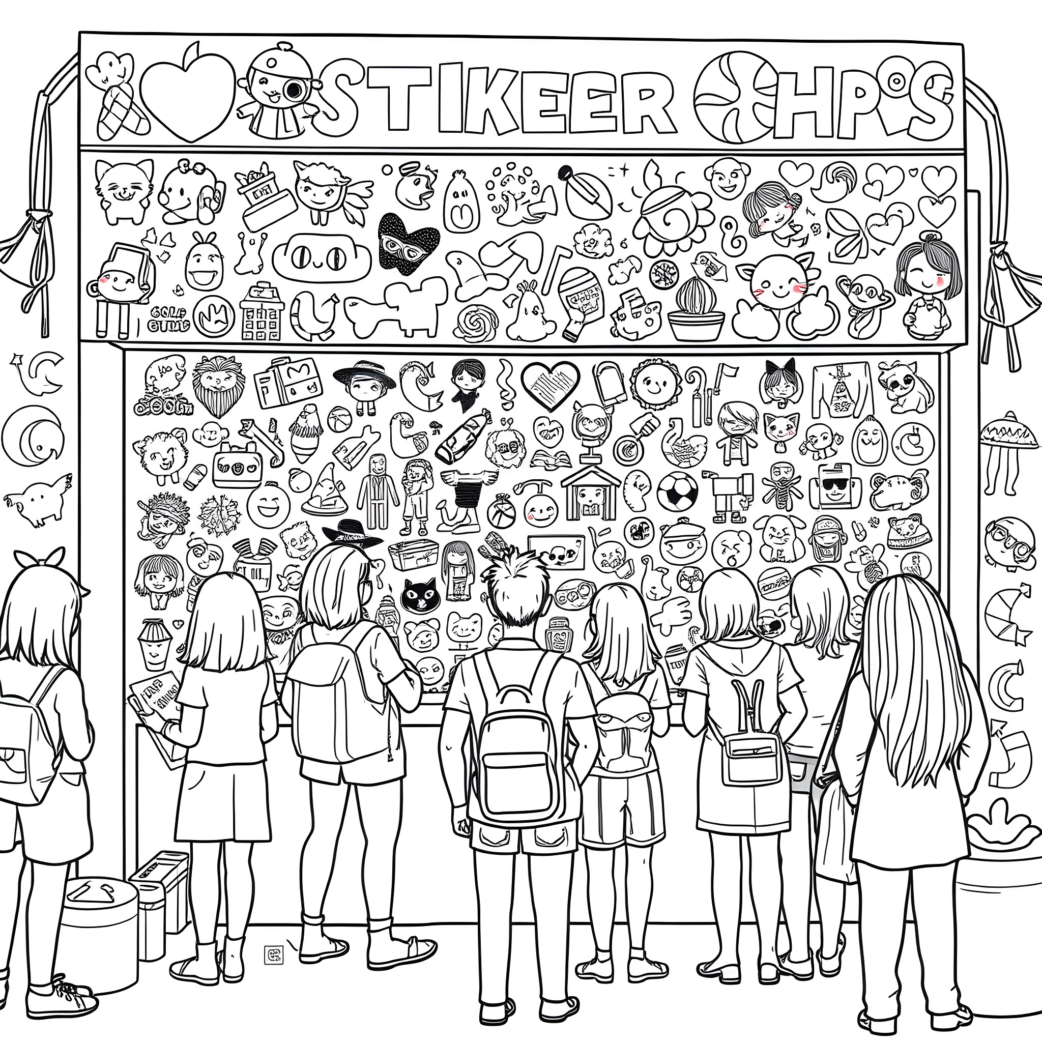 Sticker shop with crowd of people browsing various stickers Coloring Page (free black-and-white line drawing printable PDF for all, from beginners to advanced learners, including children, teens, adults, and seniors)