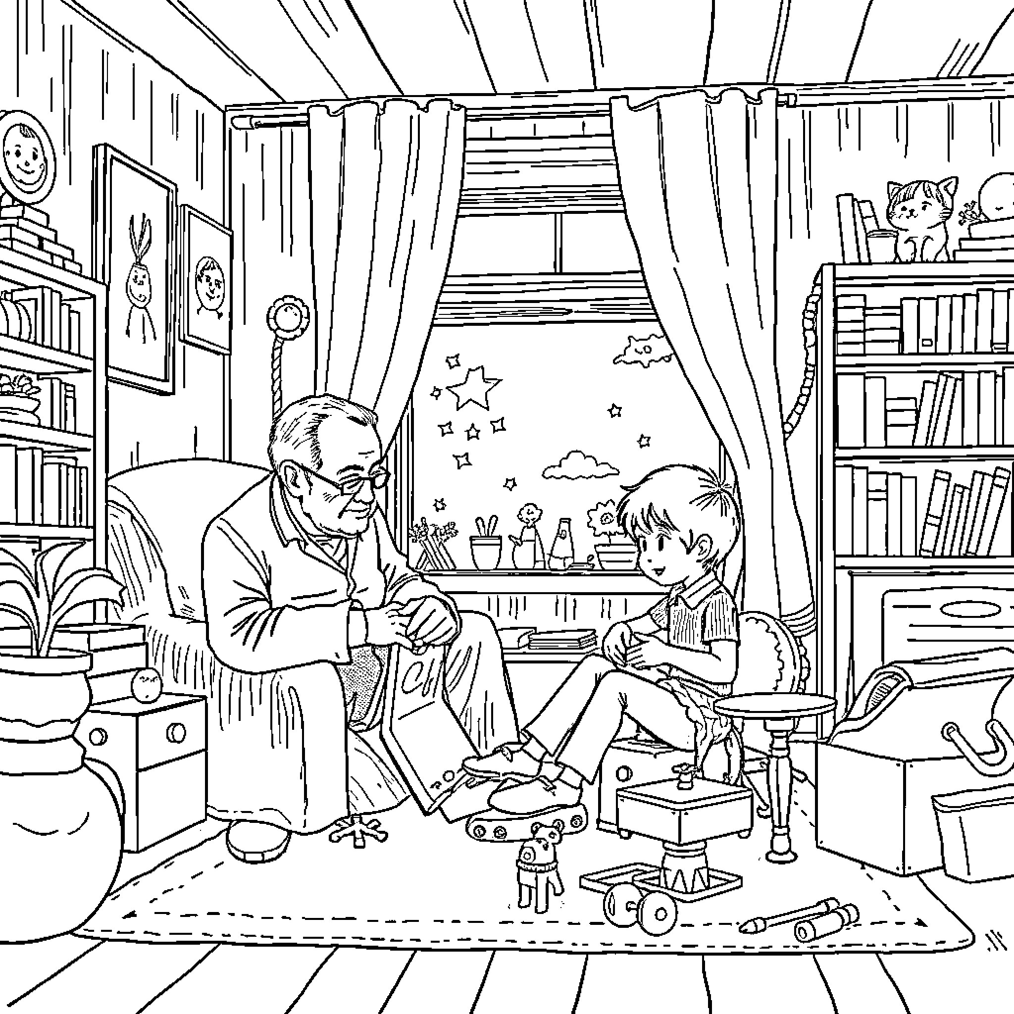 Jean Piaget's Encounter with a Young Inquisitive Mind Coloring Page (free black-and-white line drawing printable PDF for all, from beginners to advanced learners, including children, teens, adults, and seniors)