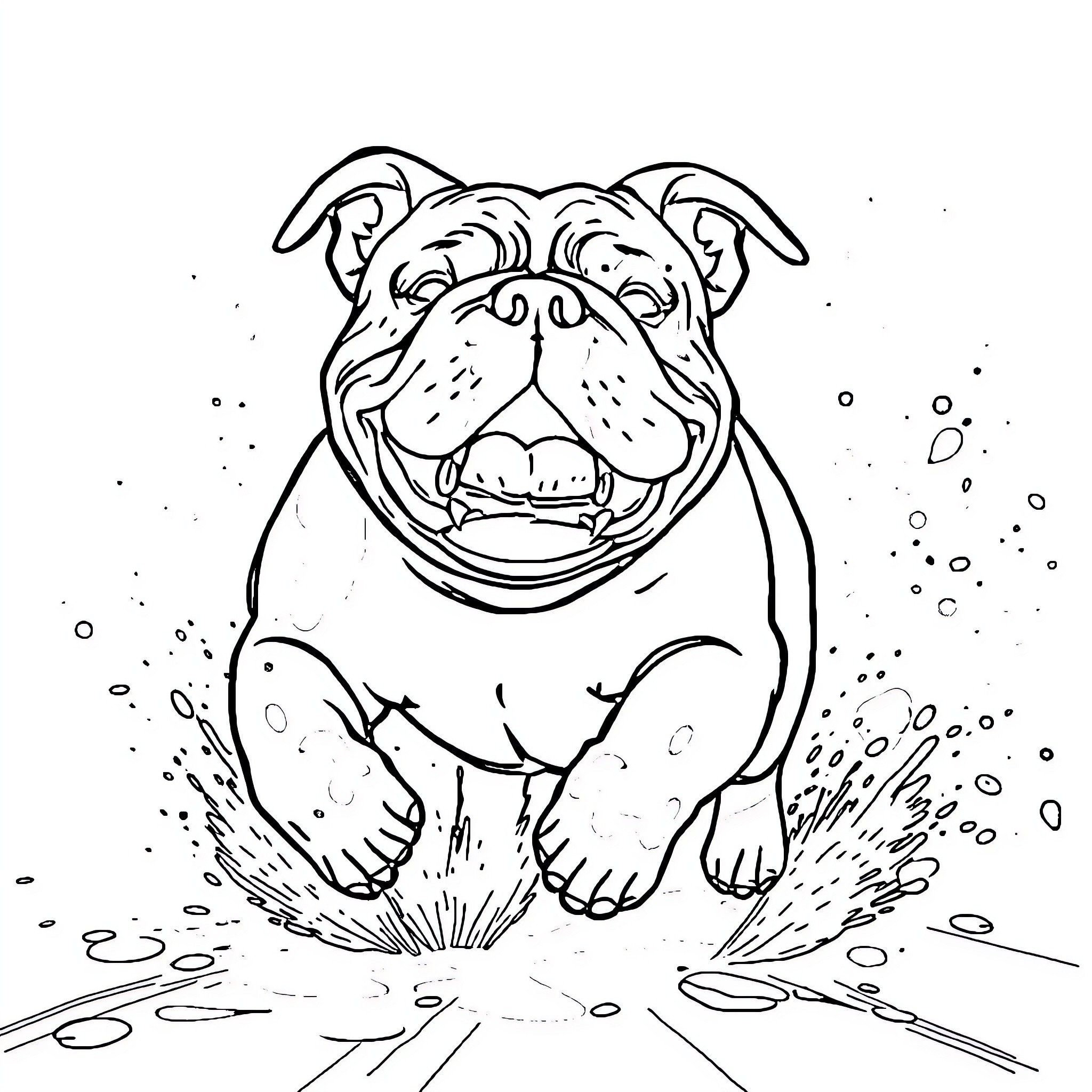 Bulldog splashing happily in puddle Coloring Page (free black-and-white line drawing printable PDF for all, from beginners to advanced learners, including children, teens, adults, and seniors)