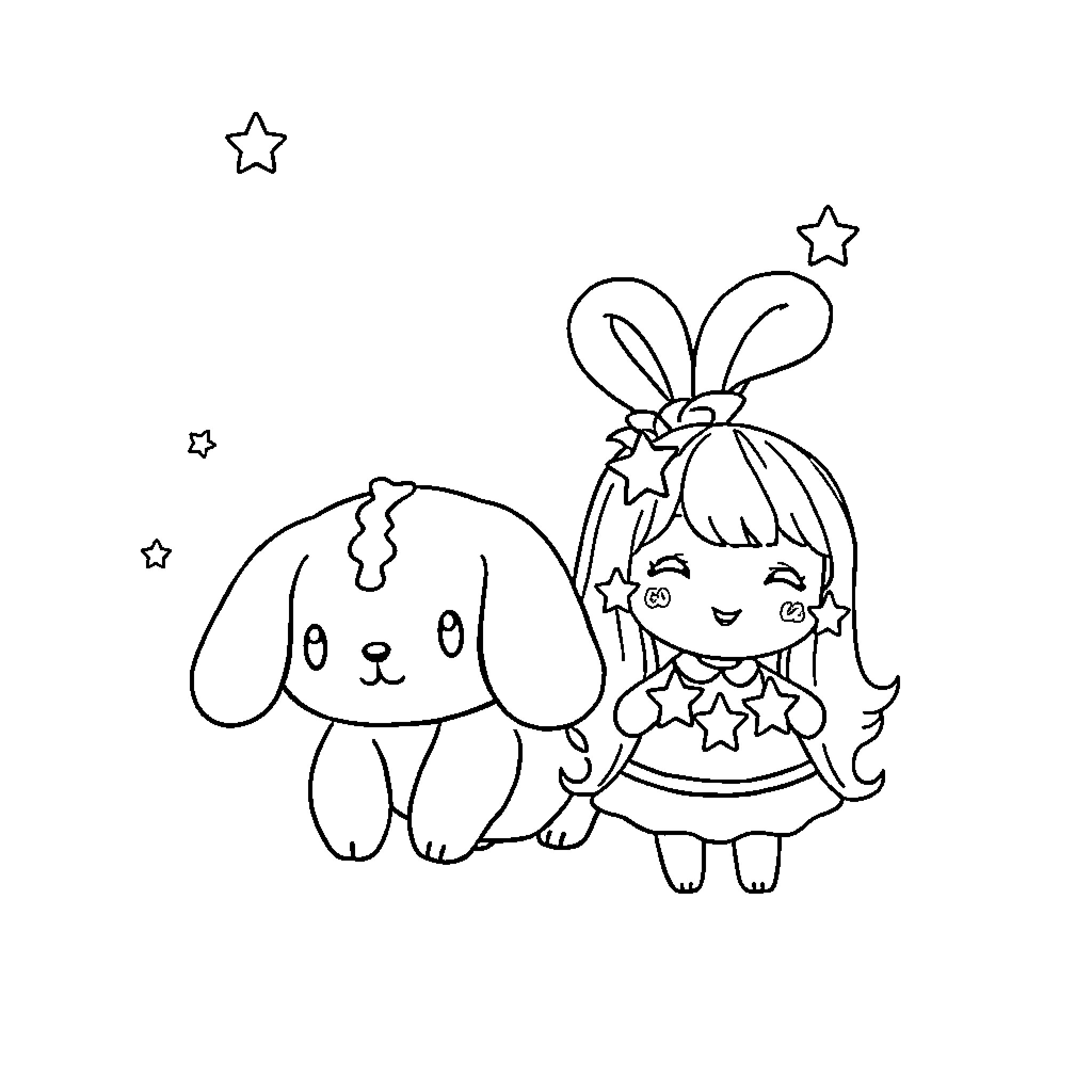 Cinnamoroll and girl exploring under the stars Coloring Page (free black-and-white line drawing printable PDF for all, from beginners to advanced learners, including children, teens, adults, and seniors)
