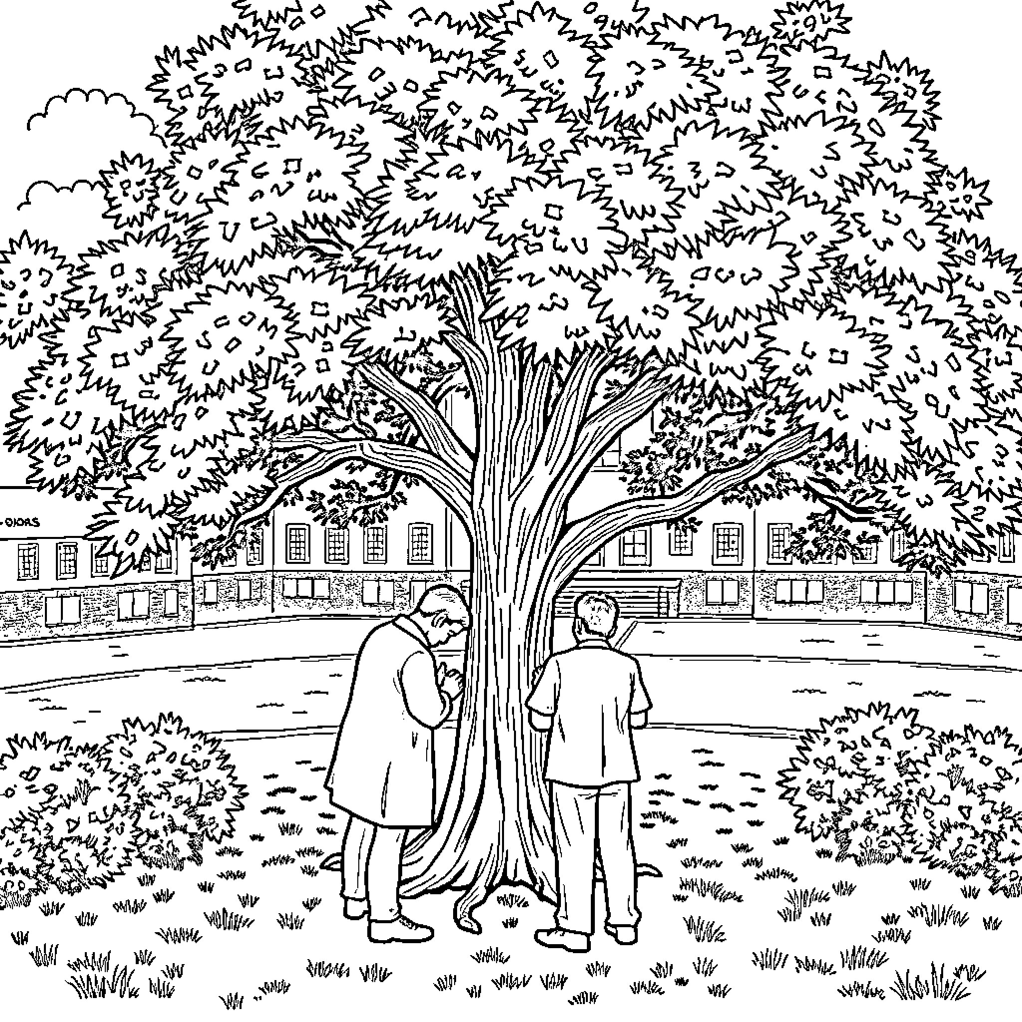 Charlie Kirk and companion stand beneath a large tree Coloring Page (free black-and-white line drawing printable PDF for all, from beginners to advanced learners, including children, teens, adults, and seniors)