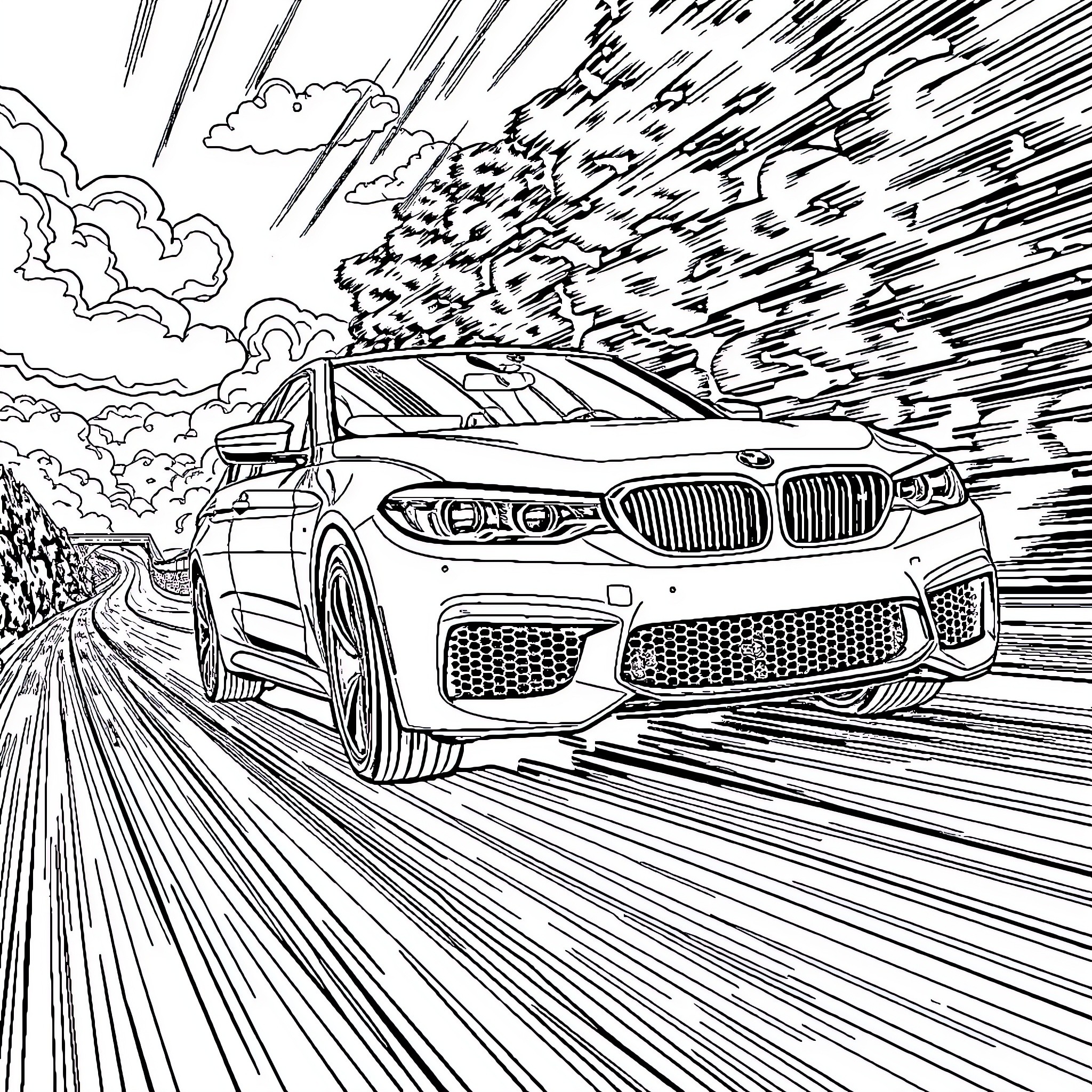 BMW speeding through the city Coloring Page (free black-and-white line drawing printable PDF for all, from beginners to advanced learners, including children, teens, adults, and seniors)