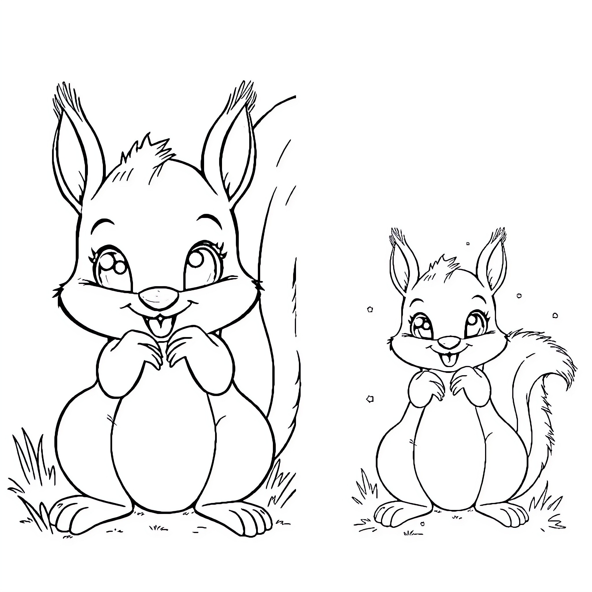 Squirrels in playful poses Coloring Page (free black-and-white line drawing printable PDF for all, from beginners to advanced learners, including children, teens, adults, and seniors)