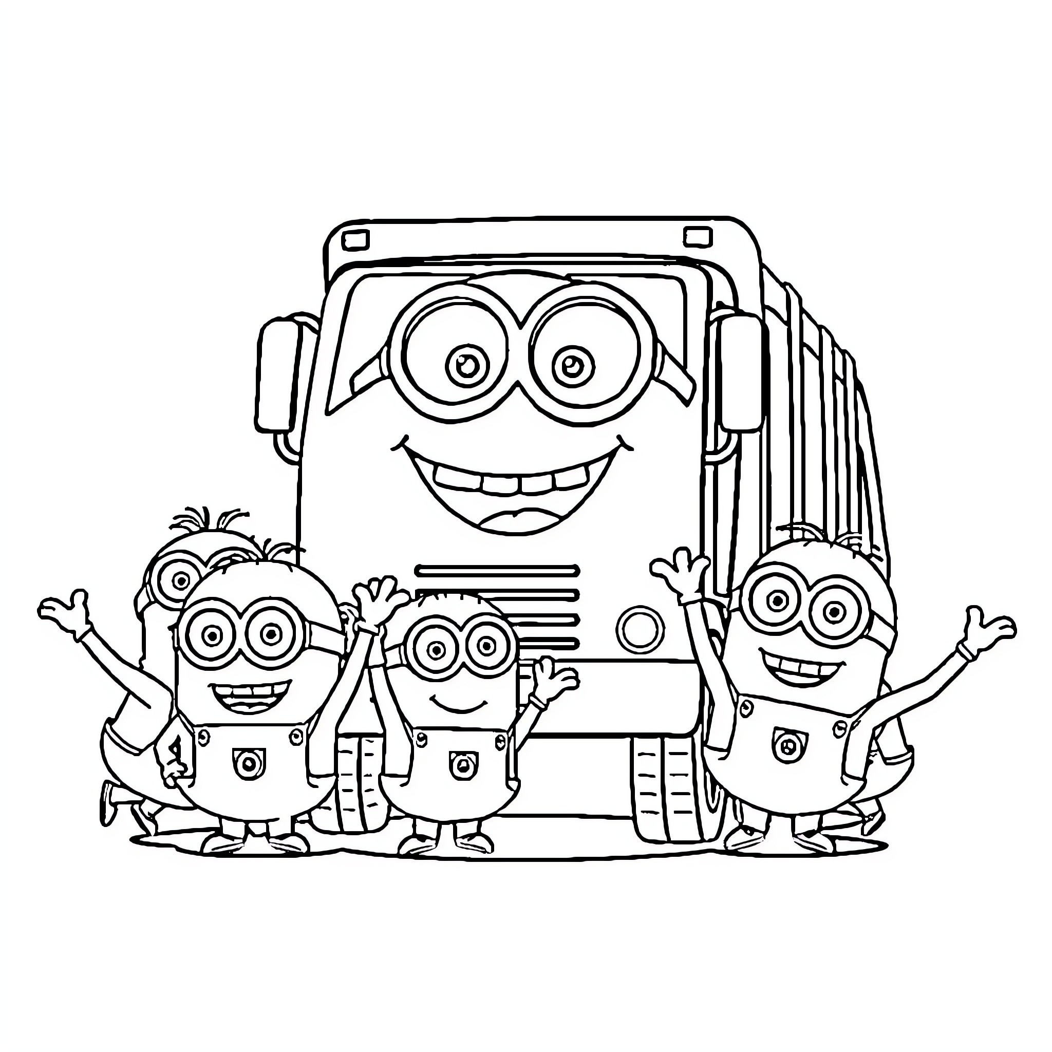 Minions posing and celebrating happily Coloring Page (free black-and-white line drawing printable PDF for all, from beginners to advanced learners, including children, teens, adults, and seniors)