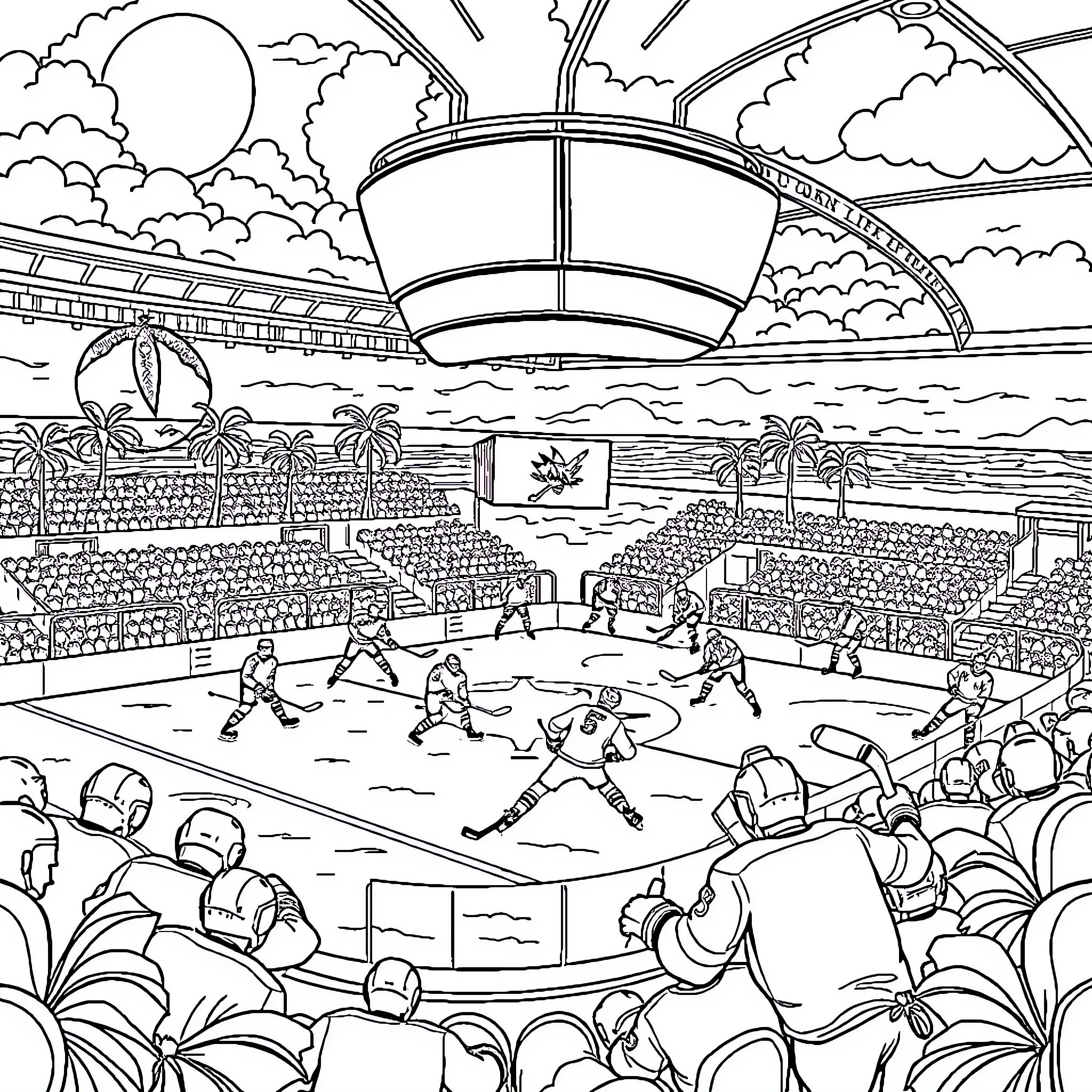 Shark hockey match in tropical stadium Coloring Page (free black-and-white line drawing printable PDF for all, from beginners to advanced learners, including children, teens, adults, and seniors)
