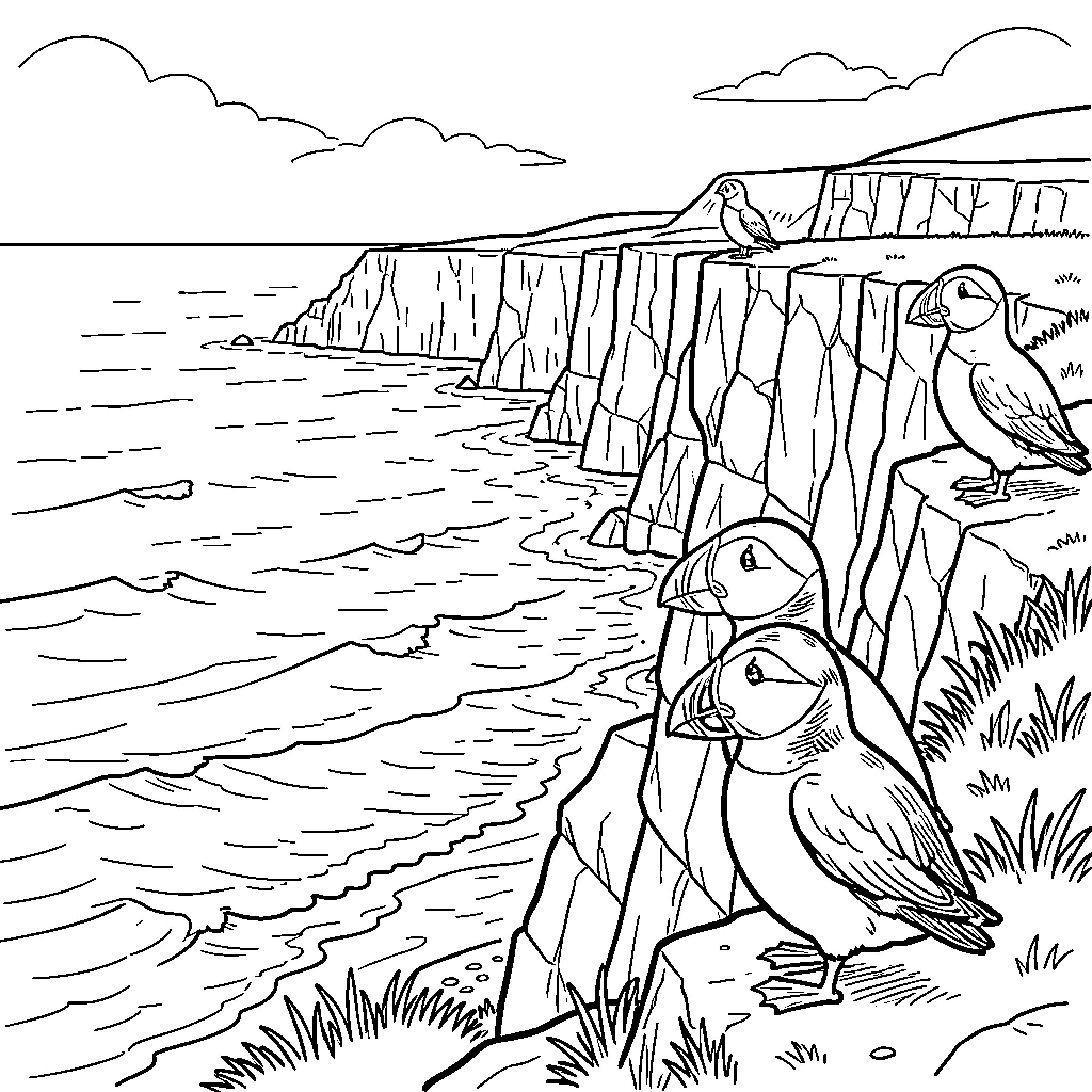 Puffin family standing on rocky ocean cliffs Coloring Page (free black-and-white line drawing printable PDF for all, from beginners to advanced learners, including children, teens, adults, and seniors)