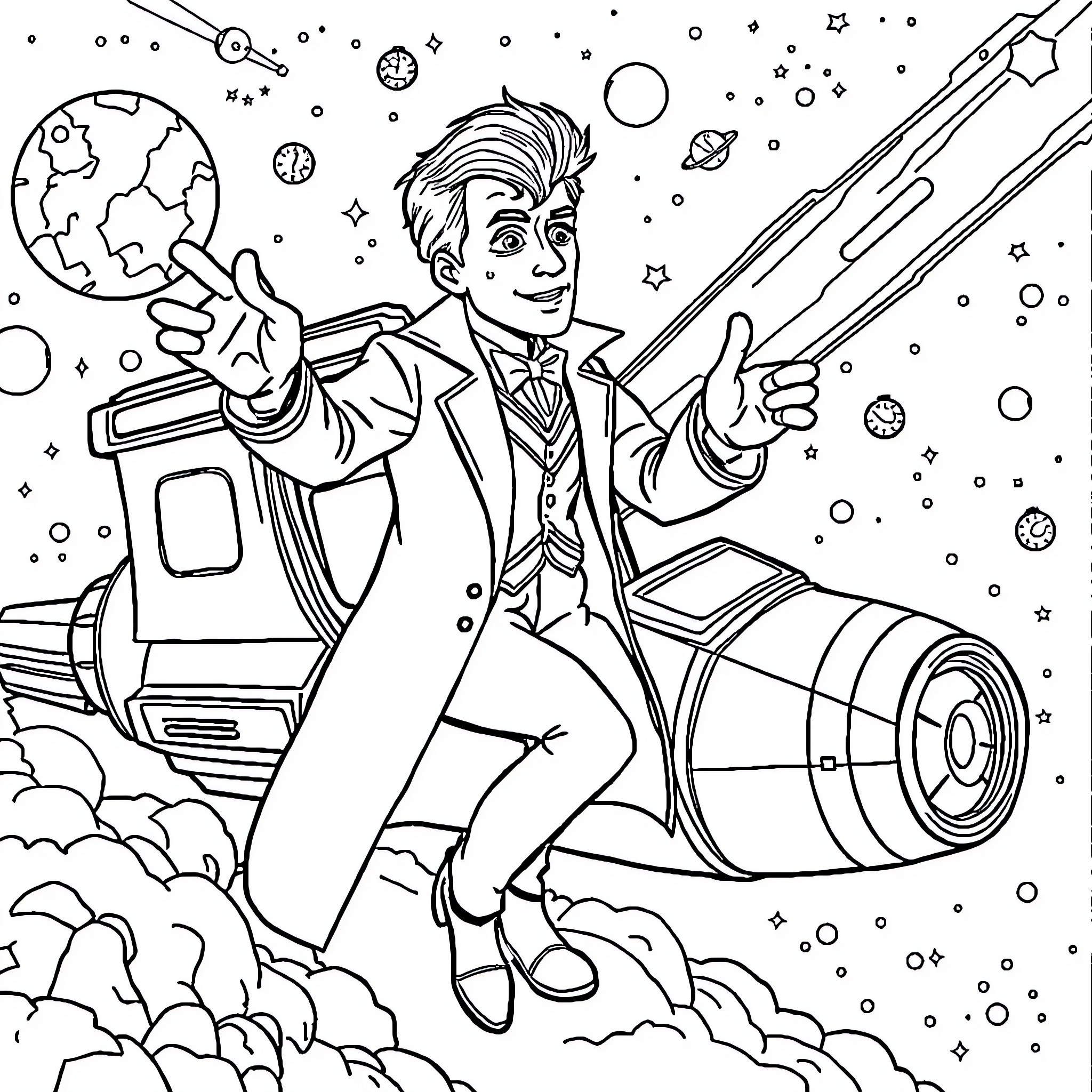 Doctor Exploring Outer Space Adventures Coloring Page (free black-and-white line drawing printable PDF for all, from beginners to advanced learners, including children, teens, adults, and seniors)