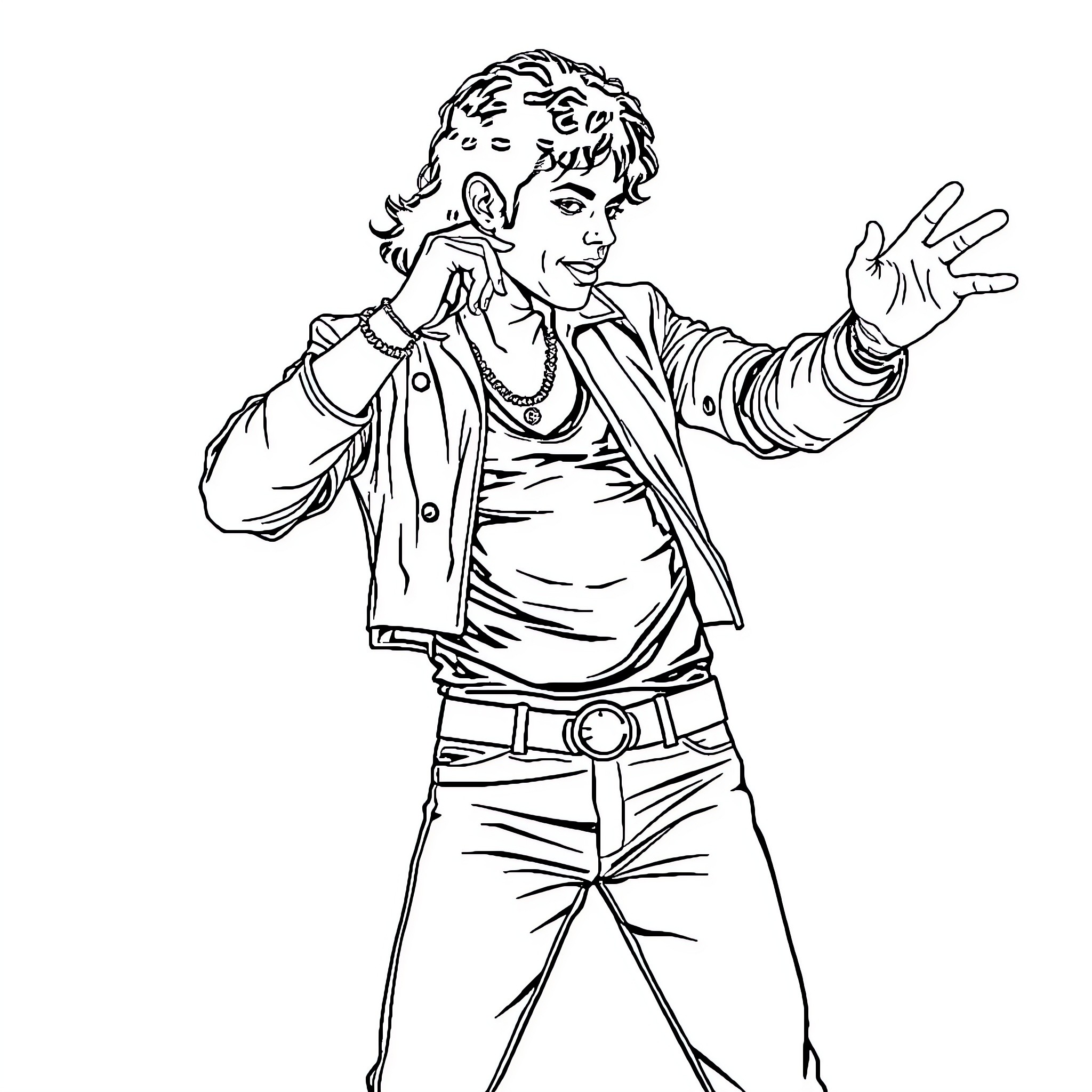 Michael Jackson performing on stage with iconic dance moves Coloring Page (free black-and-white line drawing printable PDF for all, from beginners to advanced learners, including children, teens, adults, and seniors)