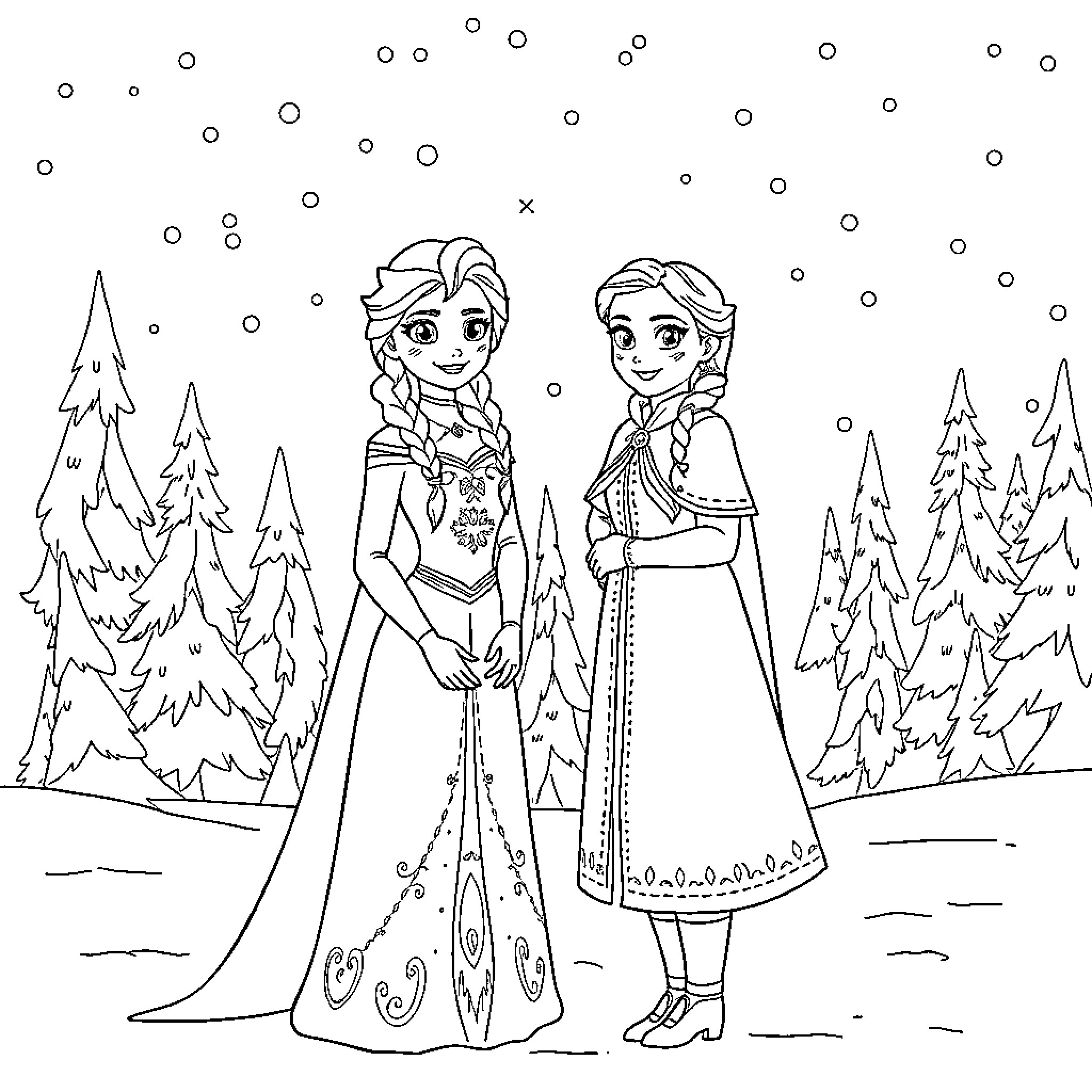 Elsa and Anna in Winter Wonderland Coloring Page (free black-and-white line drawing printable PDF for all, from beginners to advanced learners, including children, teens, adults, and seniors)