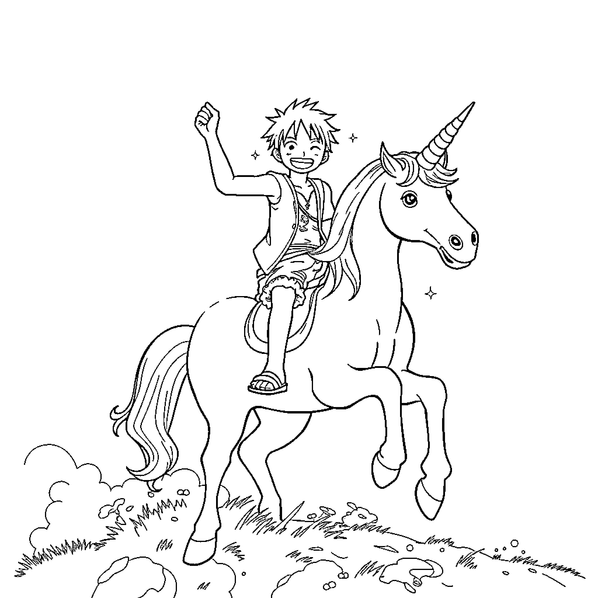 Luffy riding a majestic unicorn in a whimsical setting Coloring Page (free black-and-white line drawing printable PDF for all, from beginners to advanced learners, including children, teens, adults, and seniors)