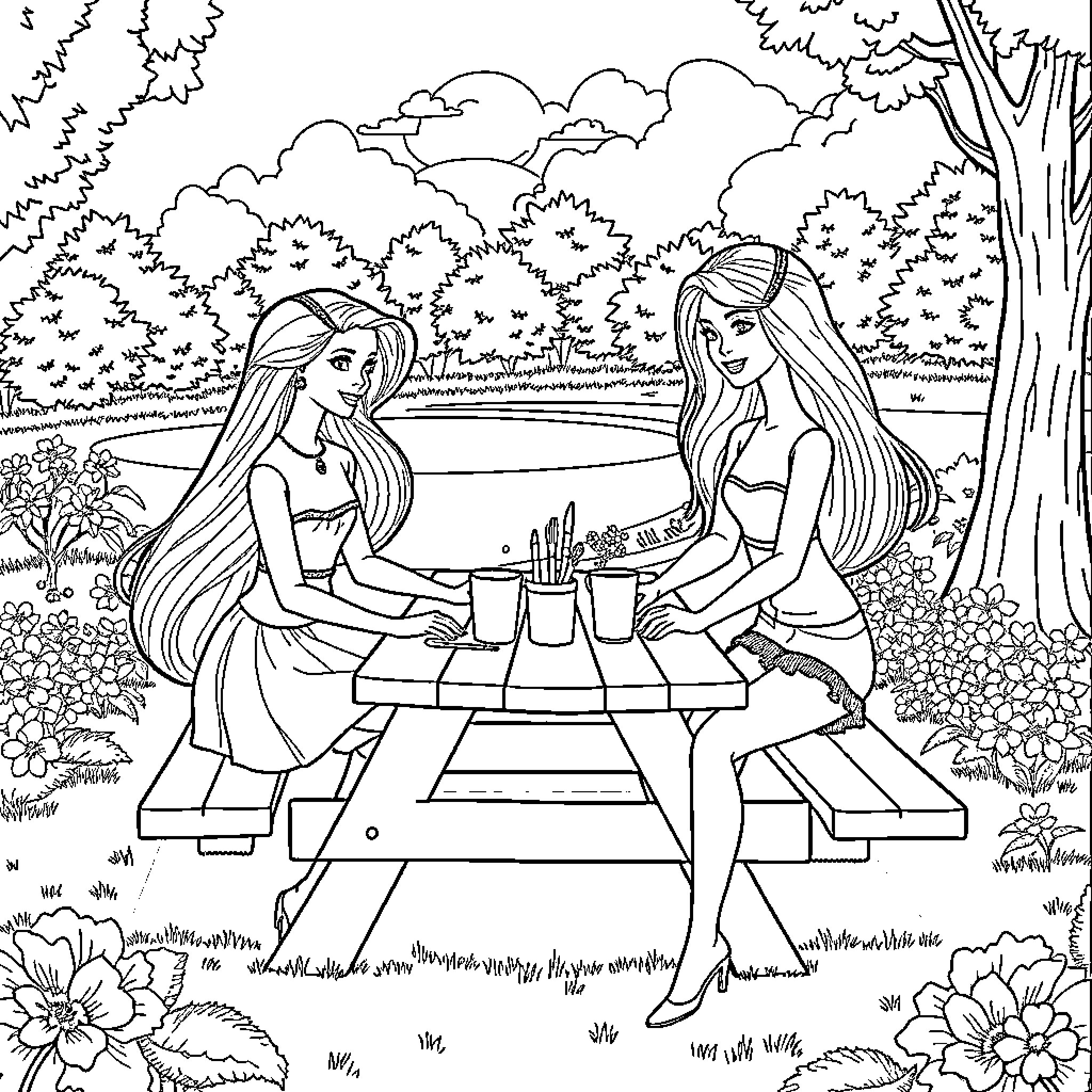Barbie friends enjoying a picnic in the park Coloring Page (free black-and-white line drawing printable PDF for all, from beginners to advanced learners, including children, teens, adults, and seniors)