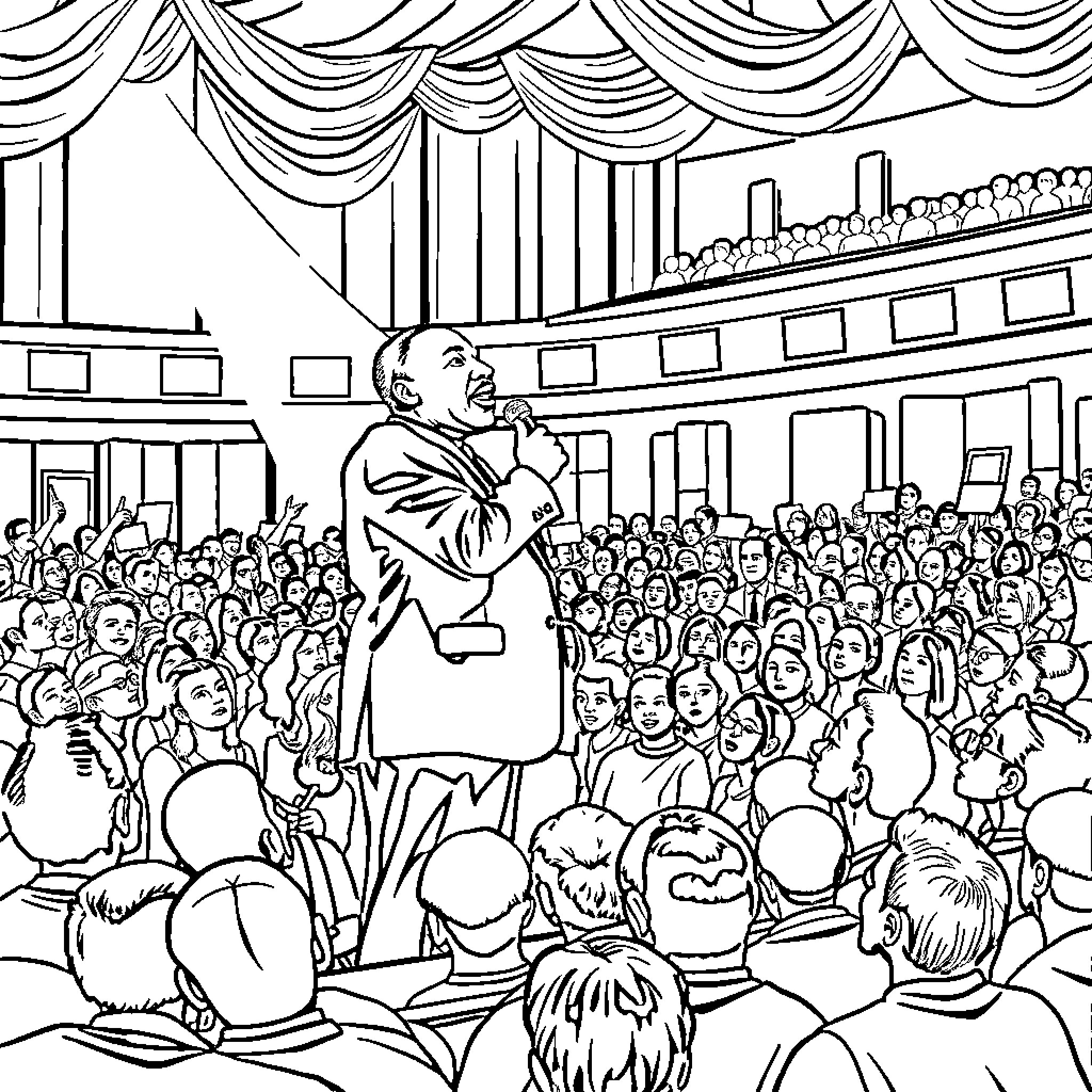 Martin Luther King Jr. Delivers Powerful Speech Before Captivated Crowd Coloring Page (free black-and-white line drawing printable PDF for all, from beginners to advanced learners, including children, teens, adults, and seniors)