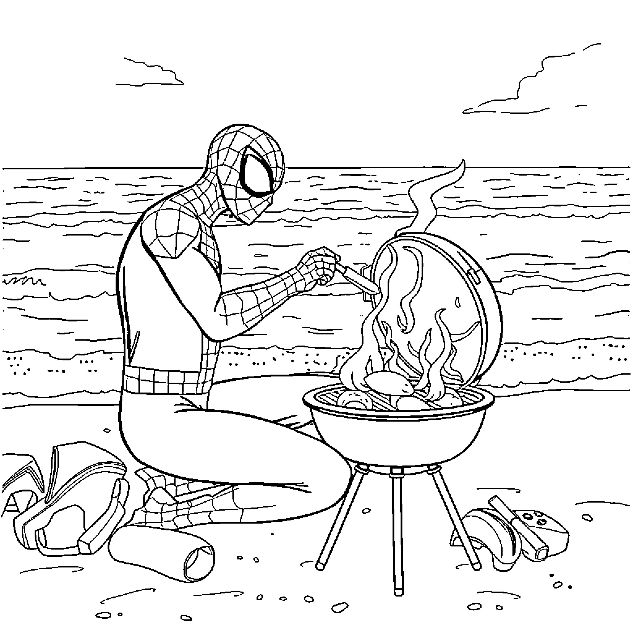Spiderman grilling by the beach Coloring Page (free black-and-white line drawing printable PDF for all, from beginners to advanced learners, including children, teens, adults, and seniors)