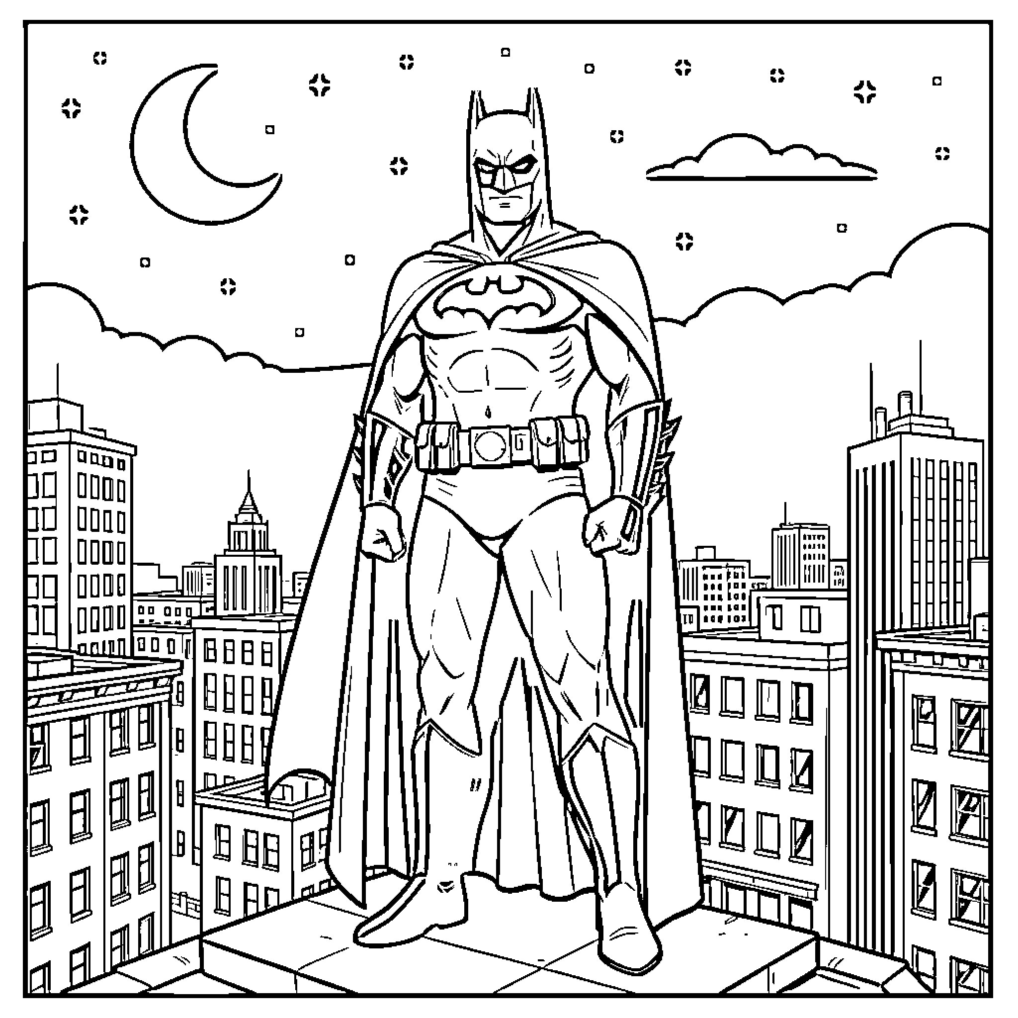 Batman standing tall in the city at night Coloring Page (free black-and-white line drawing printable PDF for all, from beginners to advanced learners, including children, teens, adults, and seniors)