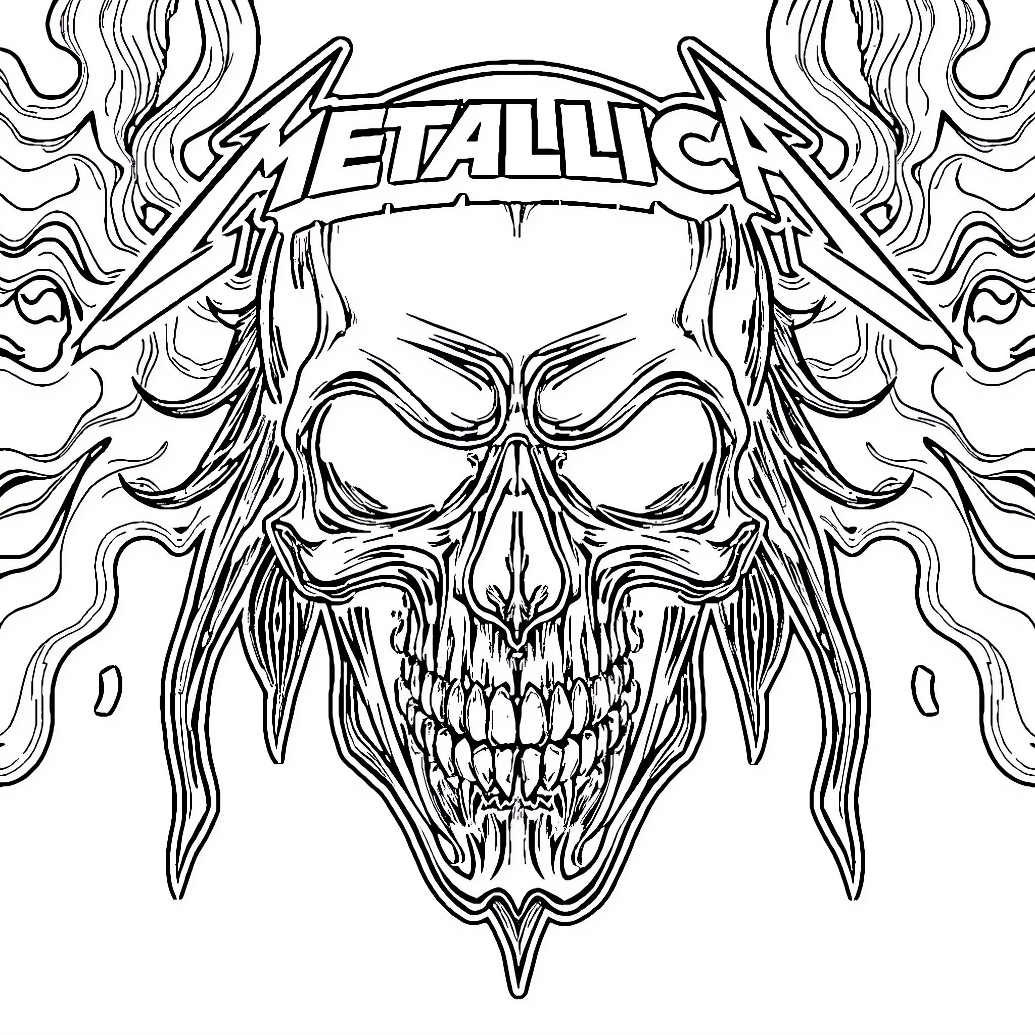 Skull Emblem of Heavy Metal Band Coloring Page (free black-and-white line drawing printable PDF for all, from beginners to advanced learners, including children, teens, adults, and seniors)