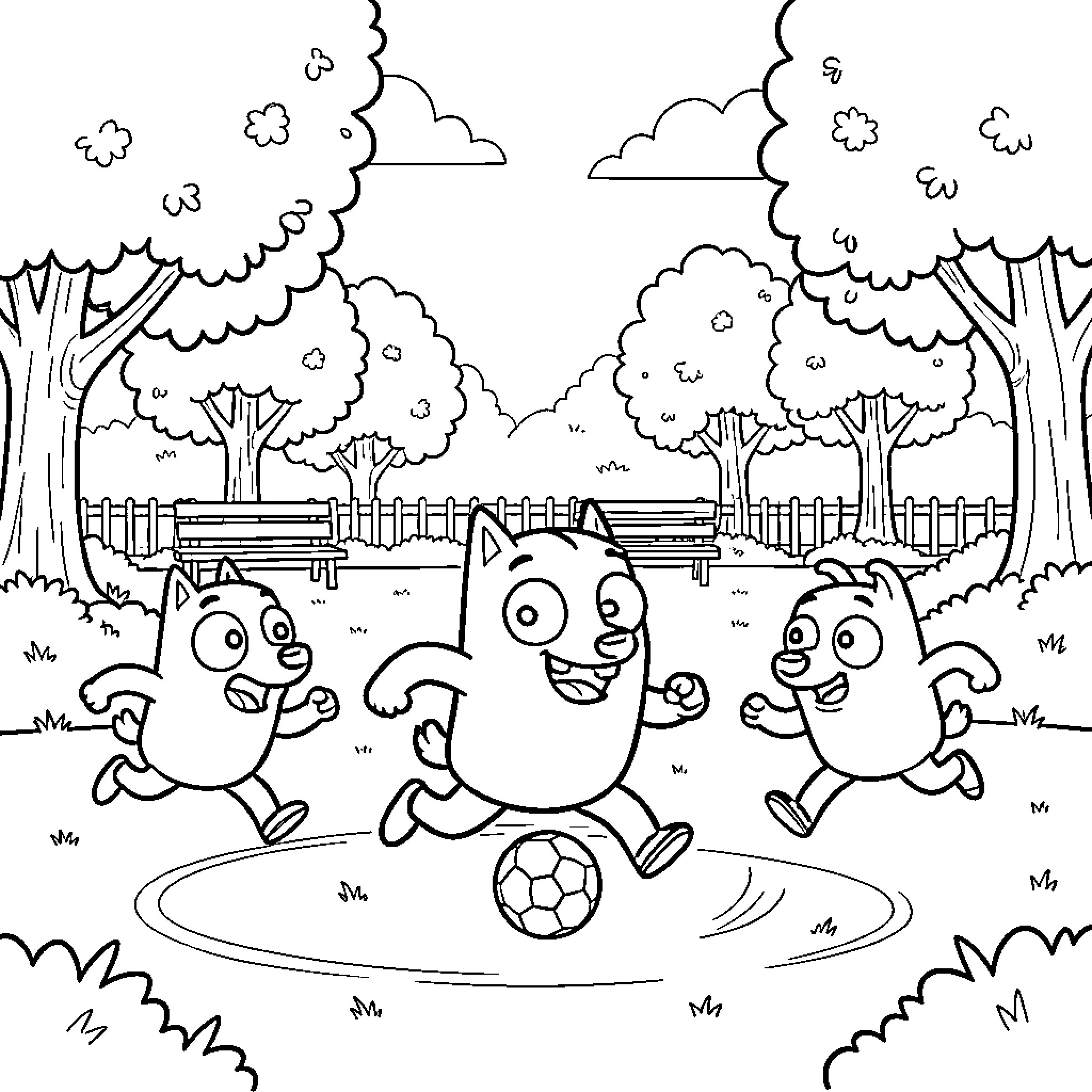 Bluey and Friends Play Soccer in the Park Coloring Page (free black-and-white line drawing printable PDF for all, from beginners to advanced learners, including children, teens, adults, and seniors)